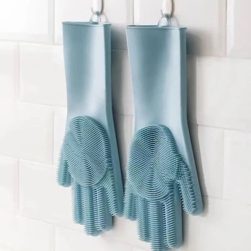 1 Pair Silicone Dishwashing Gloves Cleaning Scrubber Heat Resistant Kitchen Brus