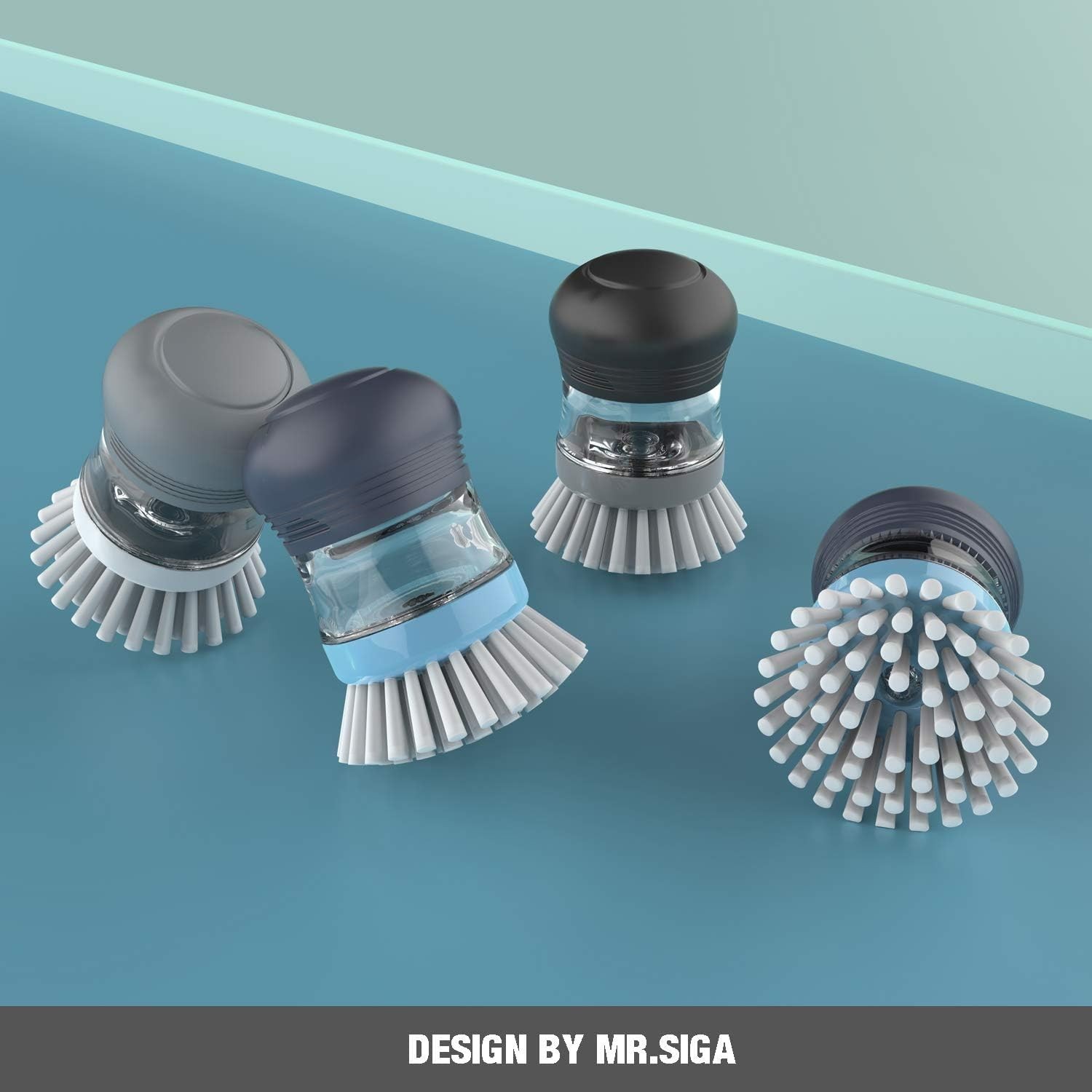 Effortless Kitchen Cleaning: Dual Soap Dispensing Palm Brushes in Navy/Blue