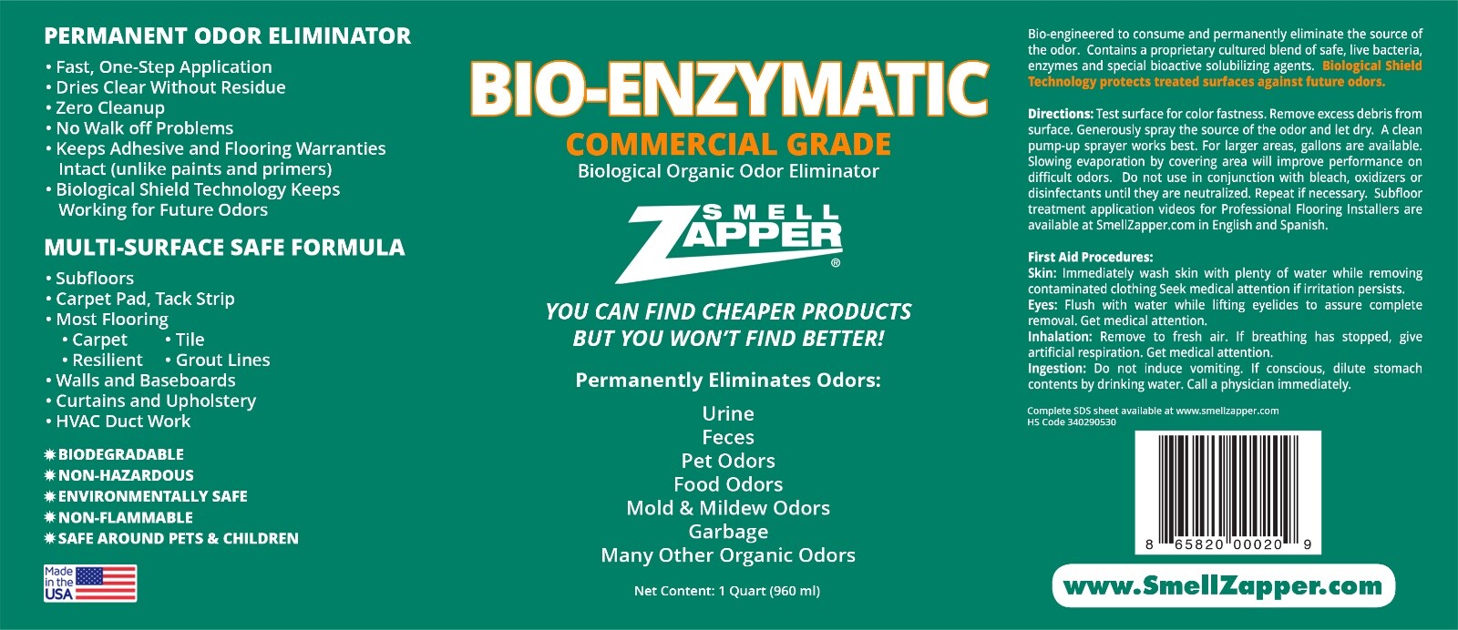 Smell Zapper Bio Enzymatic – Biological Organic Odor Eliminator – 1 Quart Spray