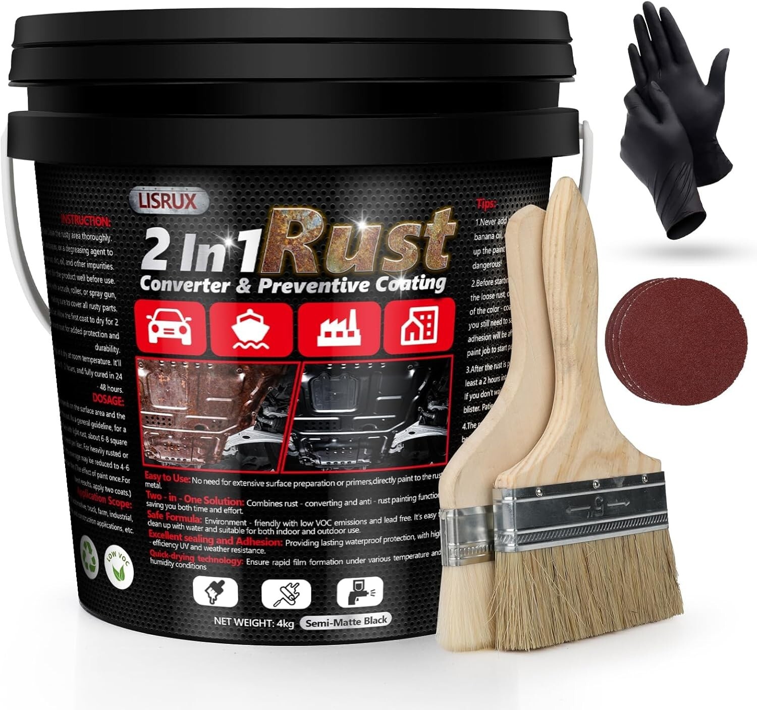 LISRUX 2in1 Rust Converter & Metal Primer, Black Rust Inhibitor Paint for Metal