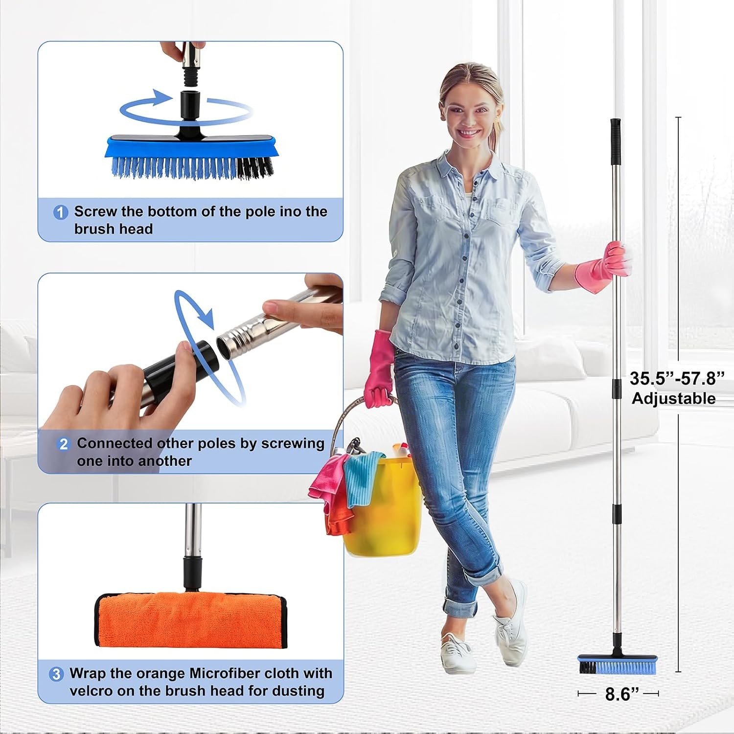 Grout Cleaner Brush with Long Handle, V-Shaped Floor Scrub Brush Swivel Grout Br