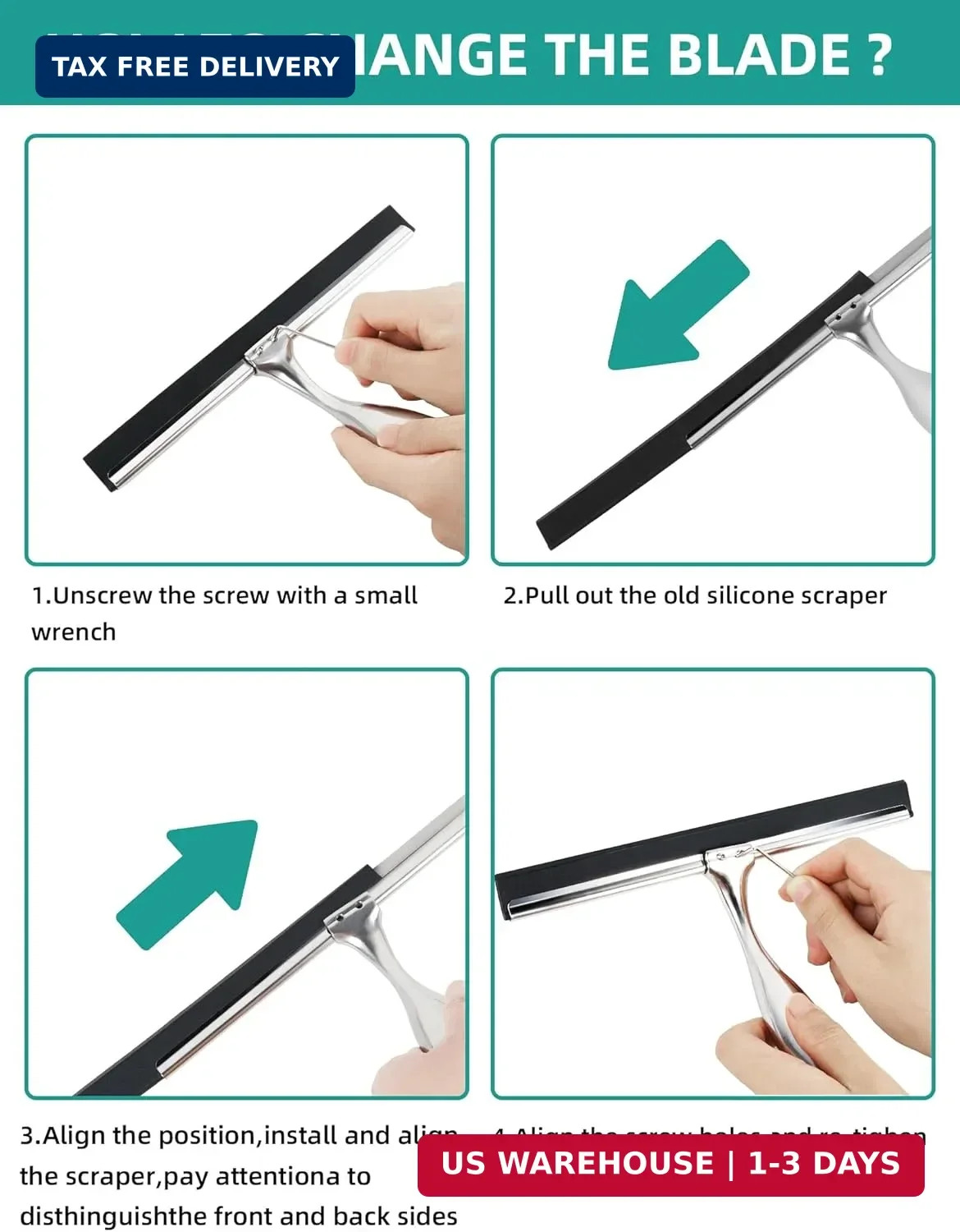All-Purpose Stainless Steel Shower Squeegee Come with S Hook, 2 Square Sticky Ho