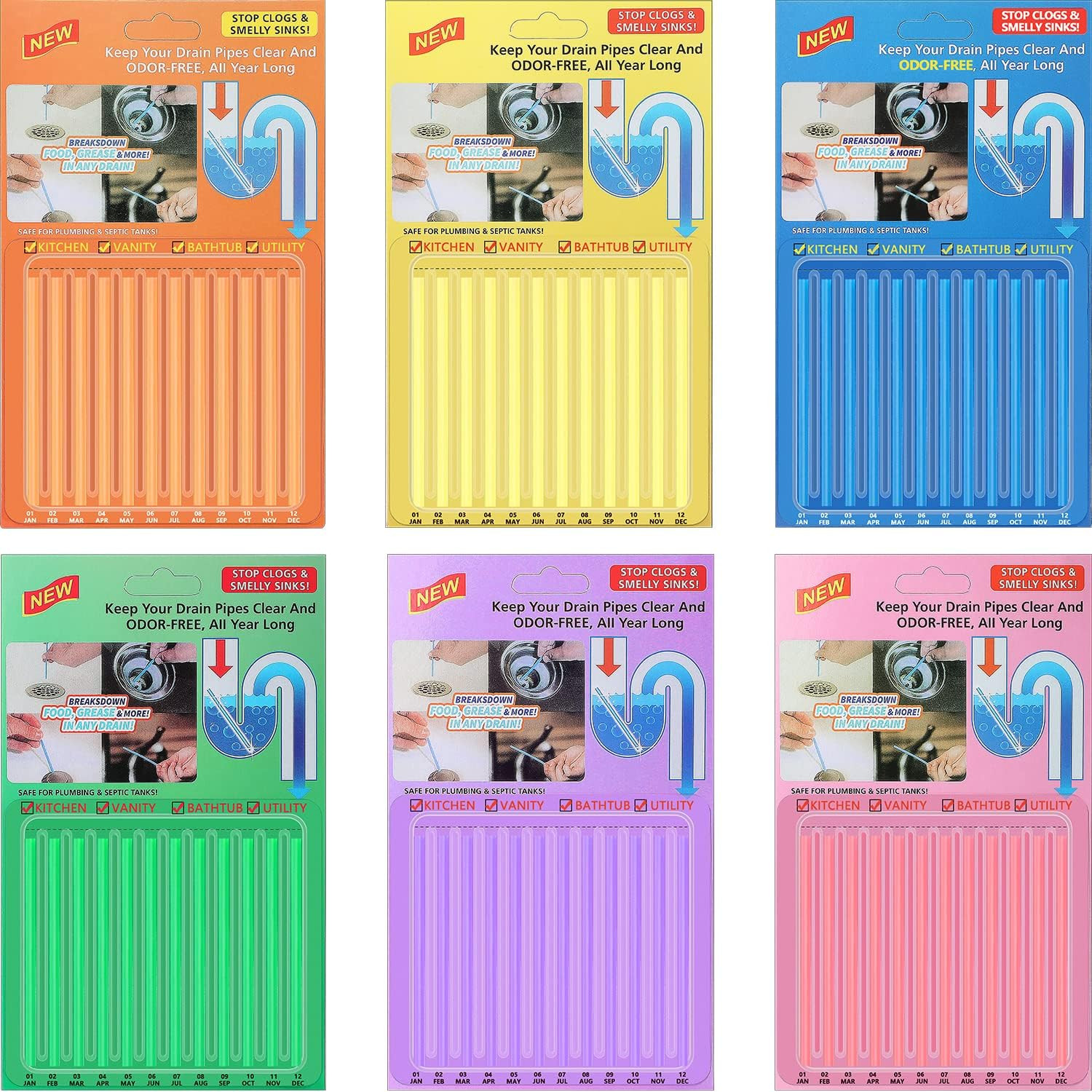 New Sani Sticks Drain Cleaner And Deodorizer 72 pack (Color Set 6) Best Deal USA