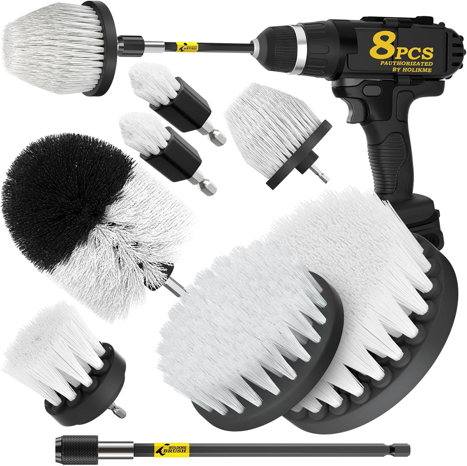 Holikme 8 Piece Drill Brush Attachment Set, Power Scrubber with Extend Long Hand