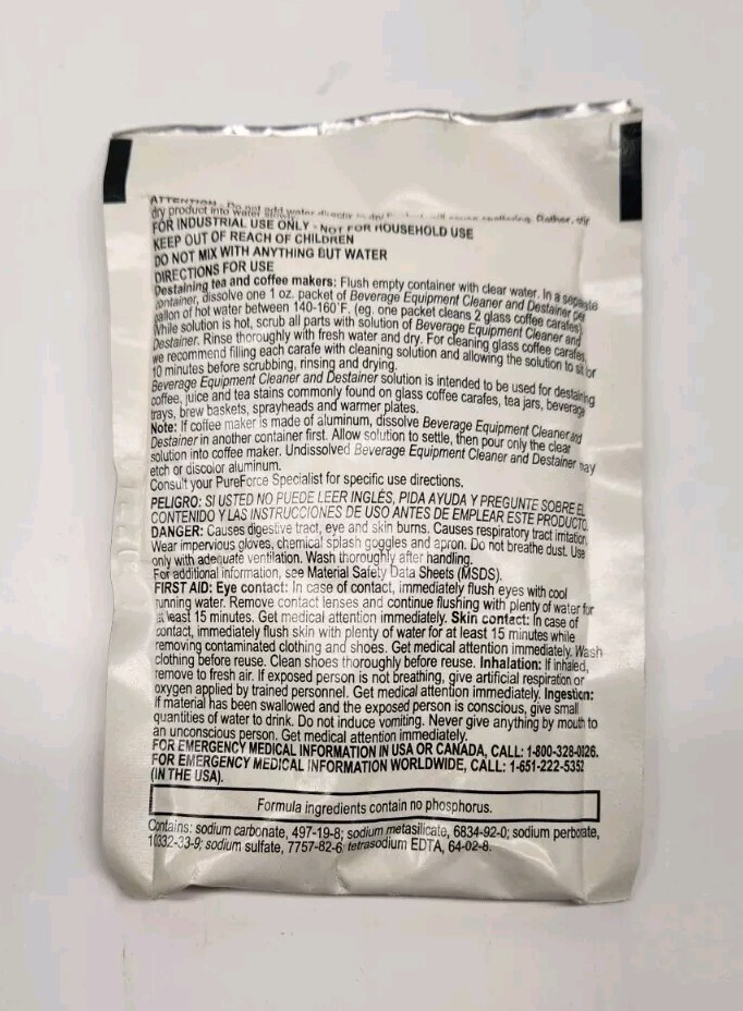 Pure Force Beverage Equipment Cleaner & Destainer 10 1oz Packets Dip It Coffee