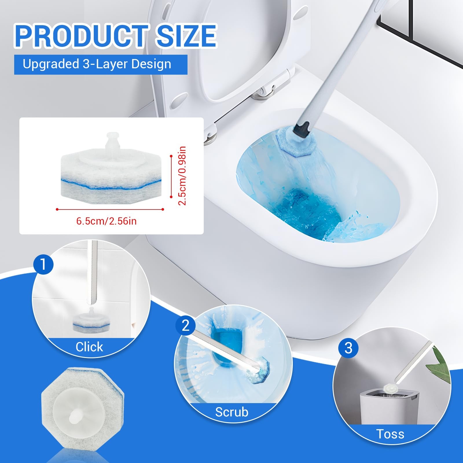 50 Pack Disposable Toilet Brush Refills, Universal Compatible Heads, 3-Layer …