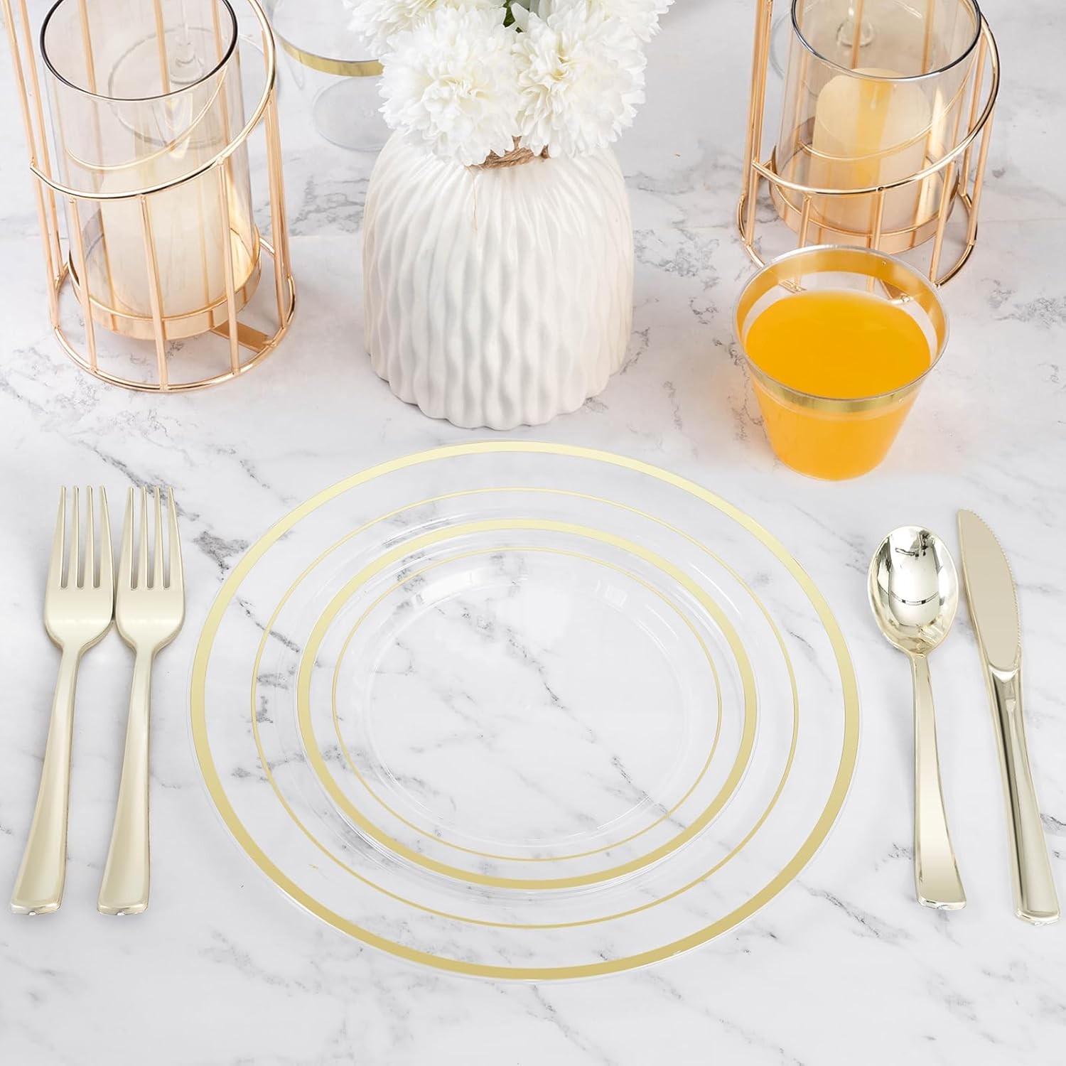 BESTVIP 600PCS Clear Gold Plastic Plate Set (100 Guests), Plastic Plates for P