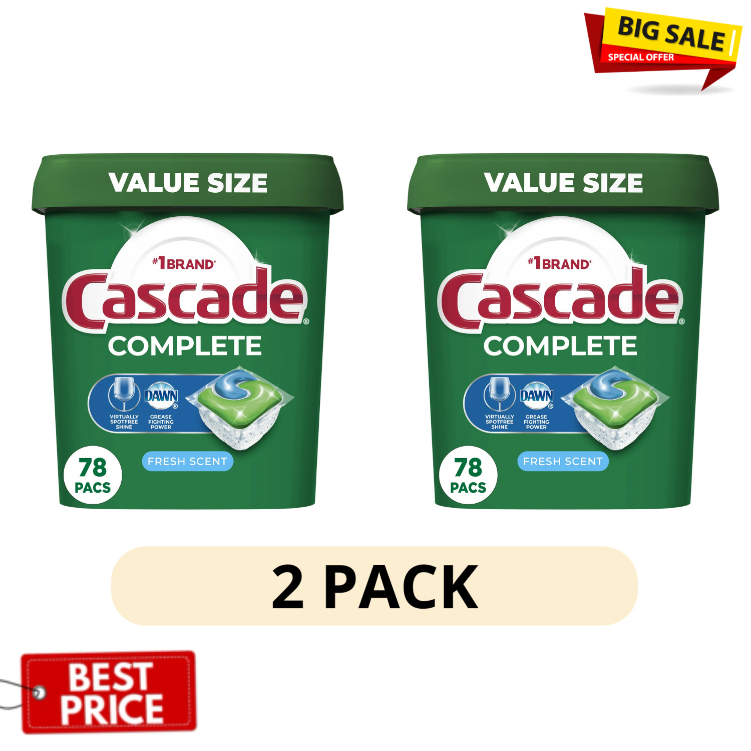2 Pack Cascade Complete ActionPacs 78 Ct Fresh Scent Dishwasher Pods Grease