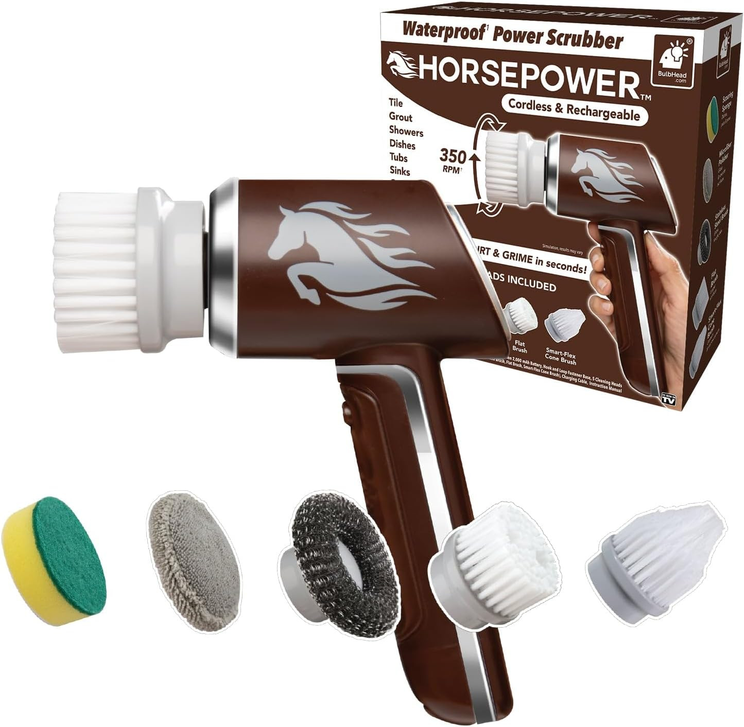 Horsepower Electric Power Scrubber, Waterproof, Spins 350 RPM, 5 Brush Heads, AS