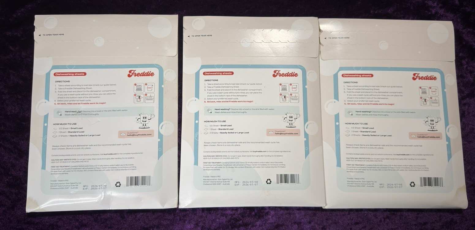 Freddie Dishwashing Sheets Lot Of 3 Packs Total 90 Sheets/ 180 Cycles