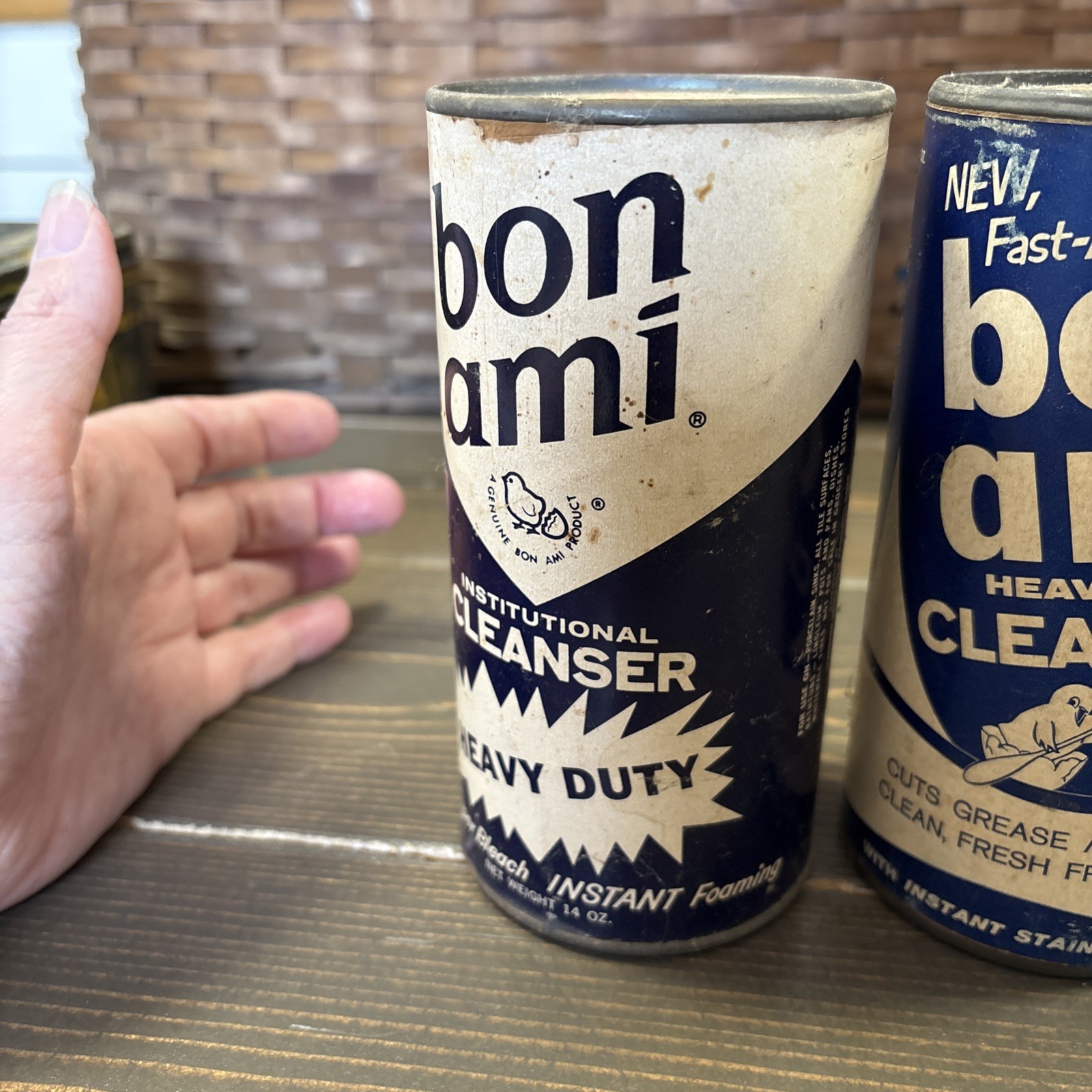 2- 1950s Bon Ami Cleanser Cans Institutional Cleanser Blue Advert Vintage FULL