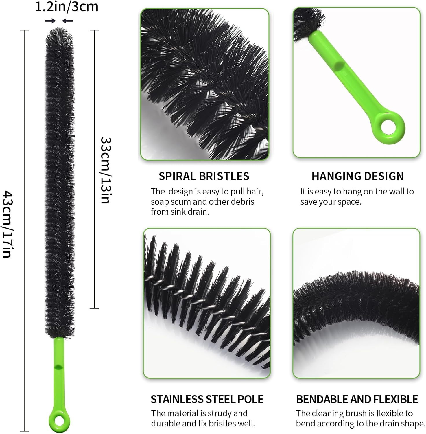 2 Pcs 17” Flexible Sink Drain Cleaner Brush Long Pipe Cleaner Brush