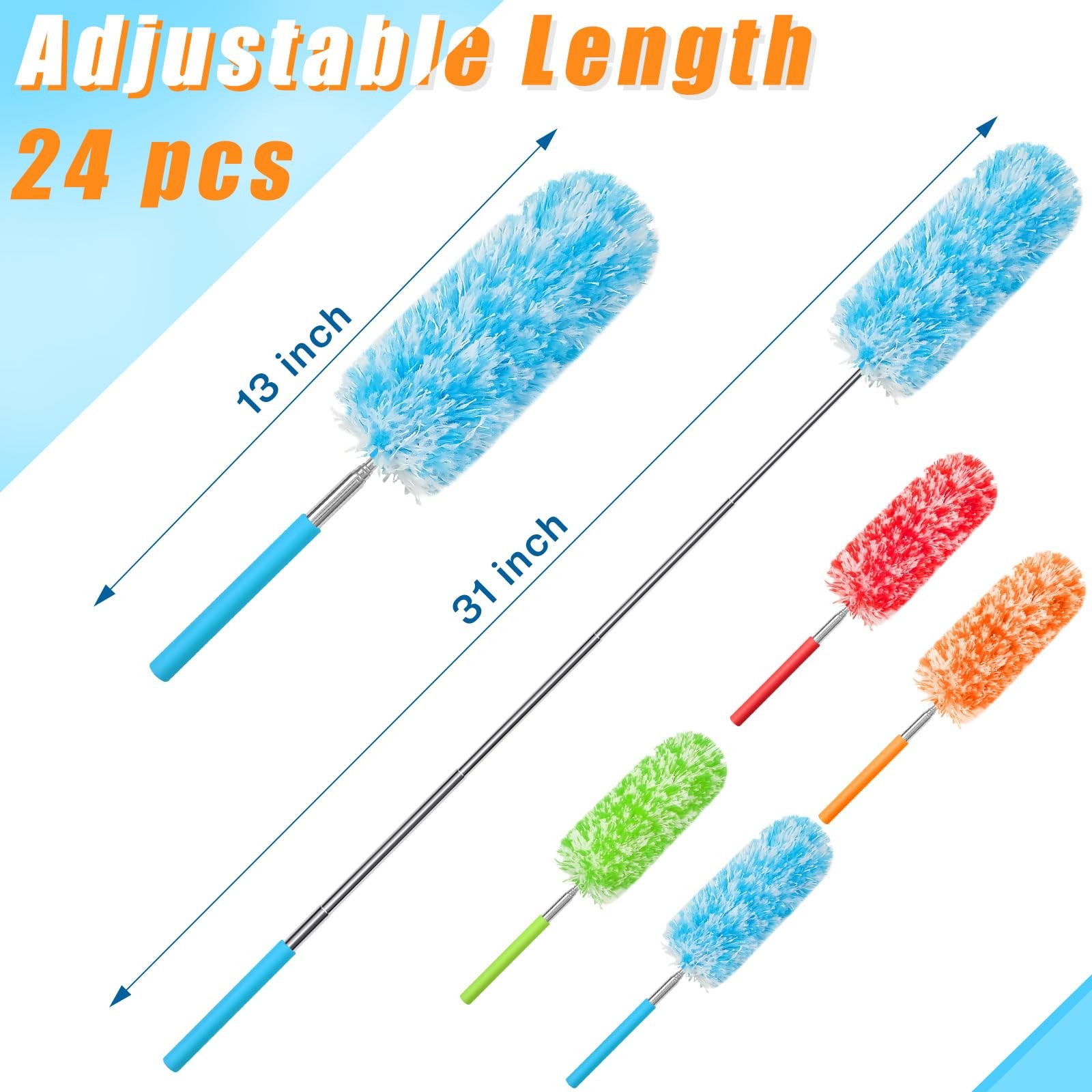 Microfiber Feather Duster 24 Pcs Extendable 13-31 Inch Washable Bright Color
