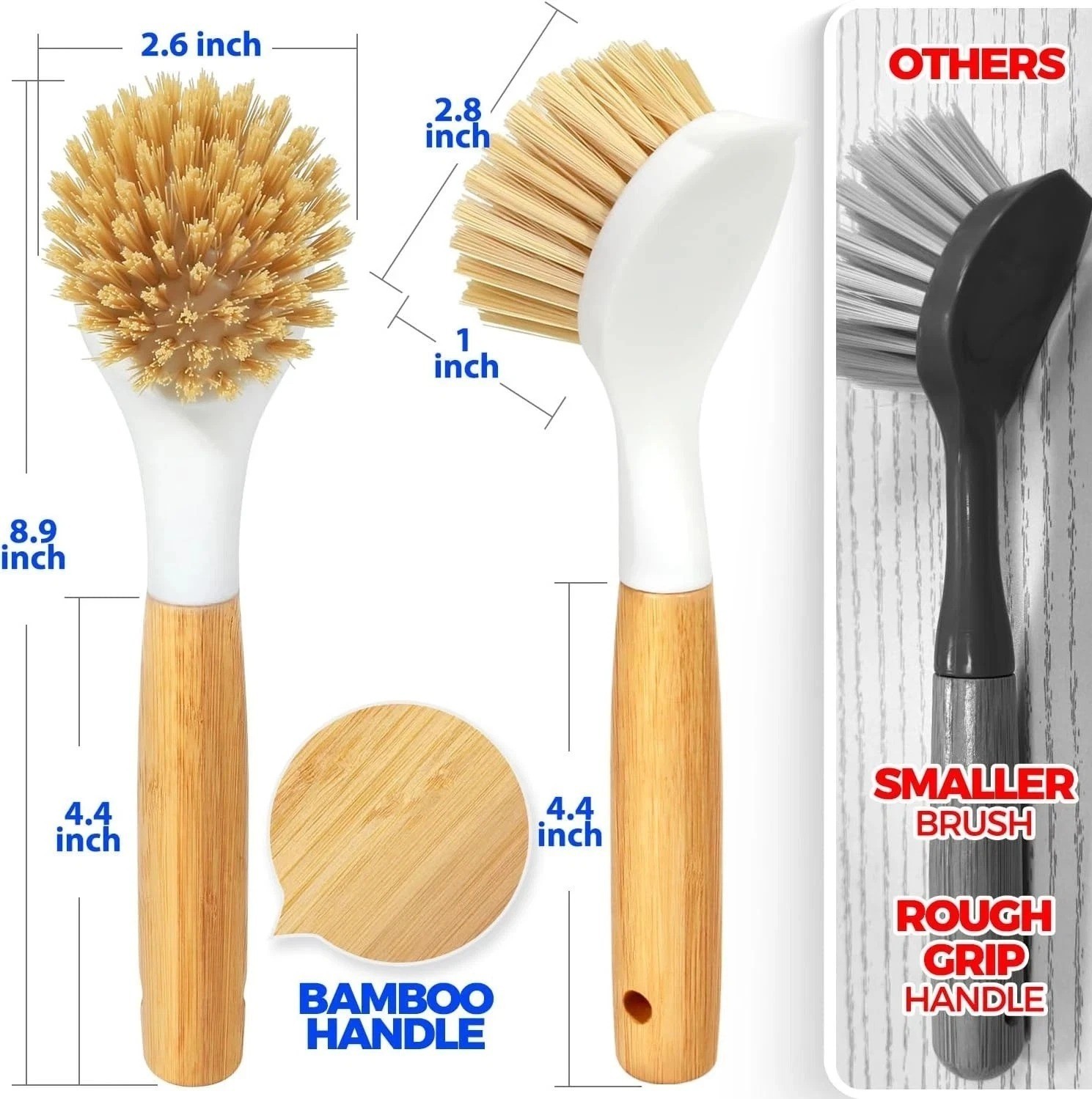 3 Pack Dish Brush Set with Bamboo Handle, Kitchen Brushes for Cleaning Pot, Sink
