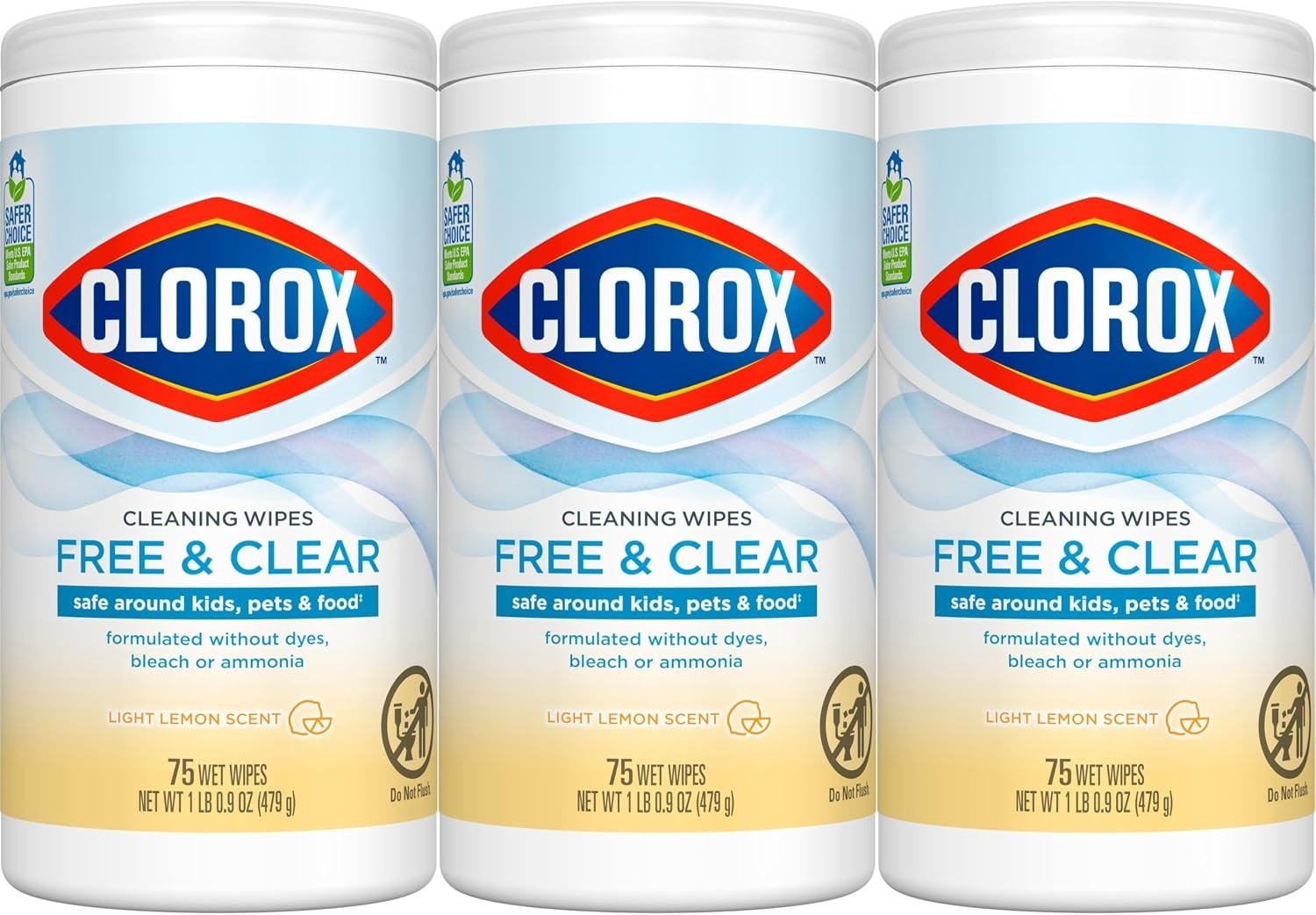 Free and Clear Cleaning Wipes Light Lemon Scent 75 Count Pack of 3
