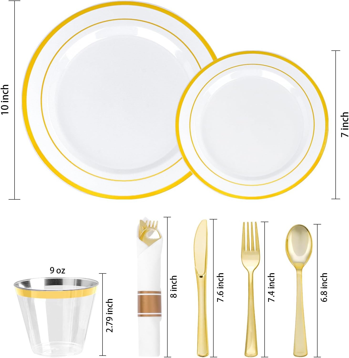 175 PCS White and Gold Plastic Dinnerware Set for 25 Guests, 50 Disposable Pla