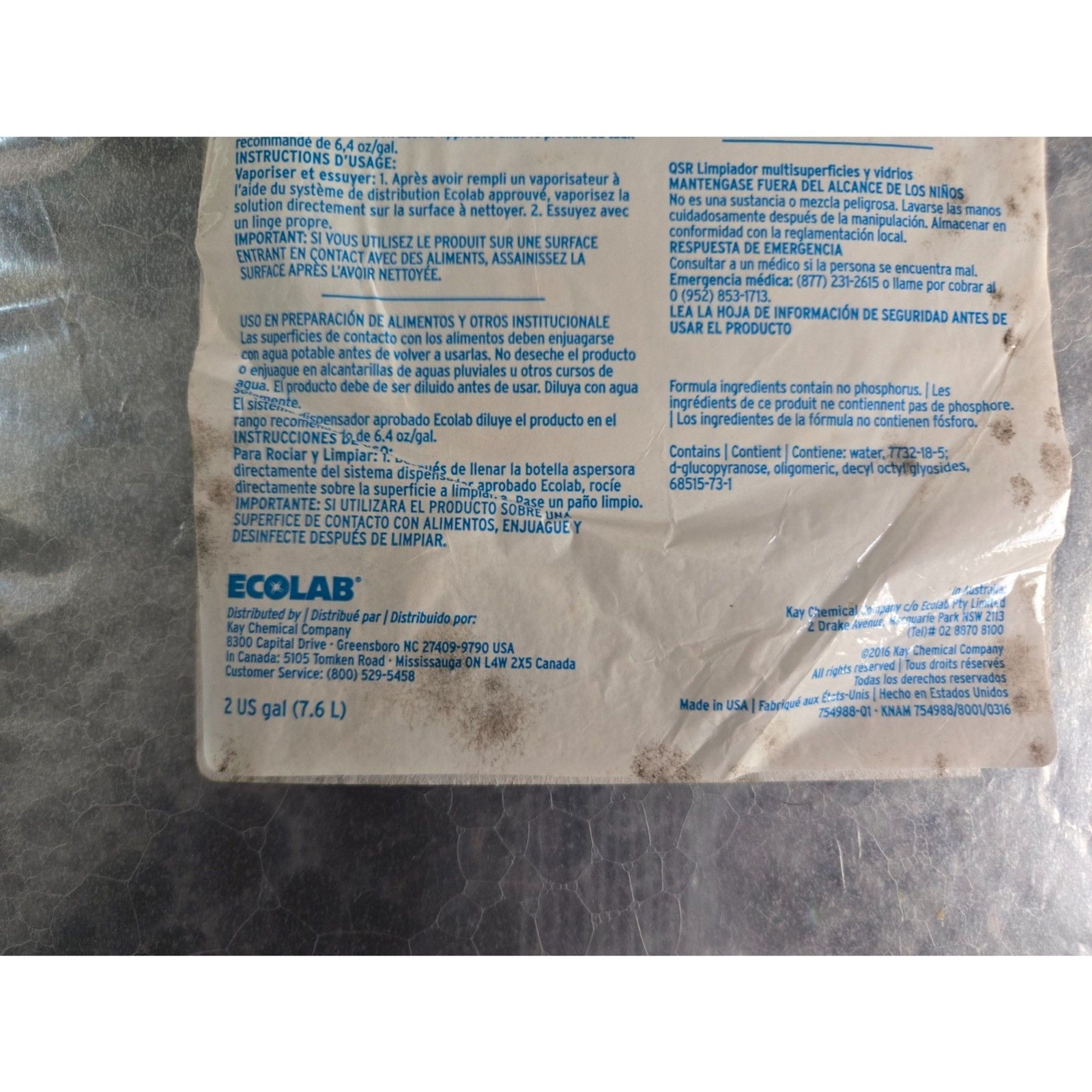ECOLAB Kay QSR Glass & Multi-Surface Cleaner Refill Bag 2 Gallons-Unused