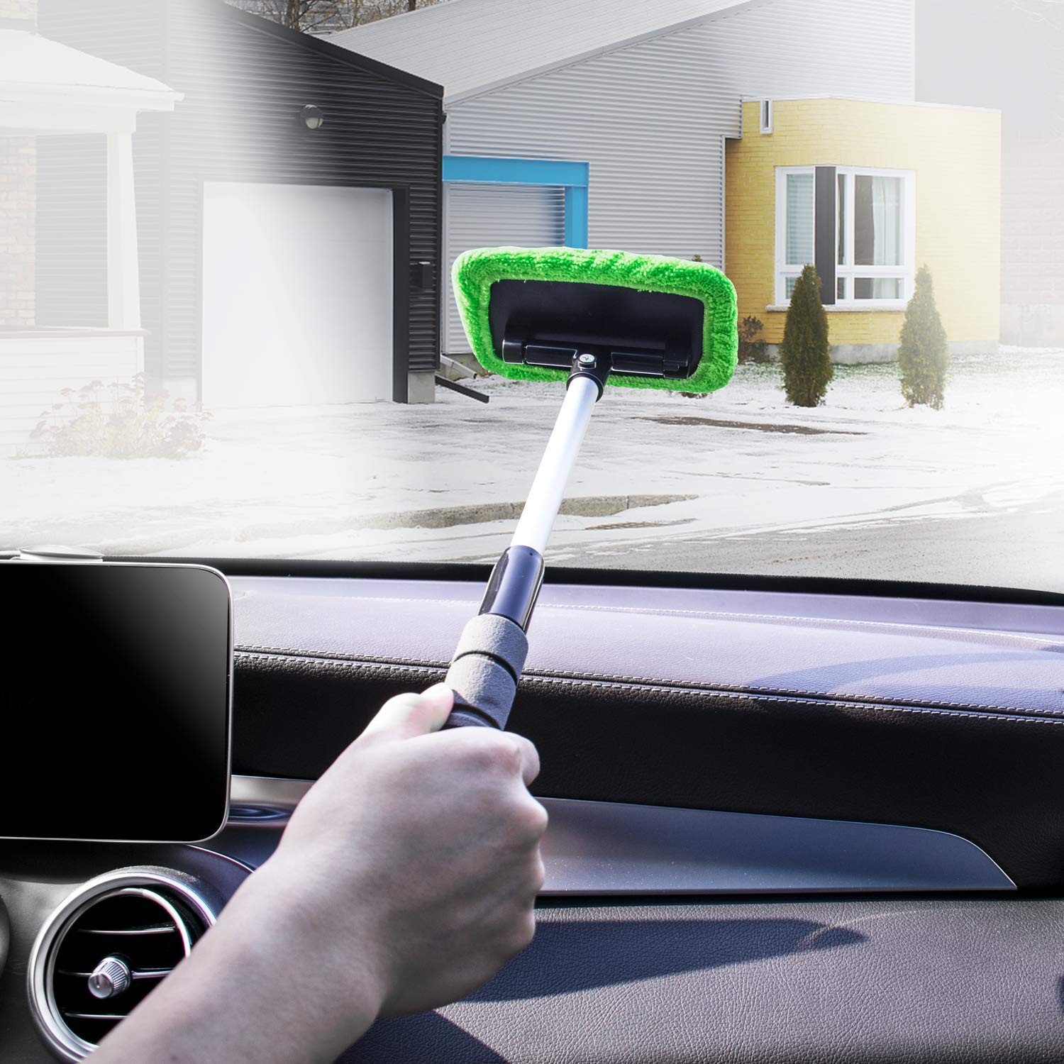 Extendable Windshield Cleaning Tool with Reusable Microfiber Pads for Cars