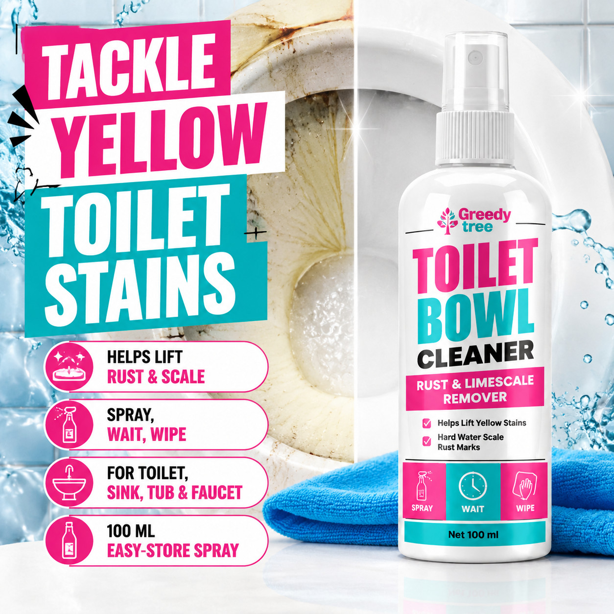 Small Bathroom Cleaning Spray for Toilet Sink Tub and Faucet Stains