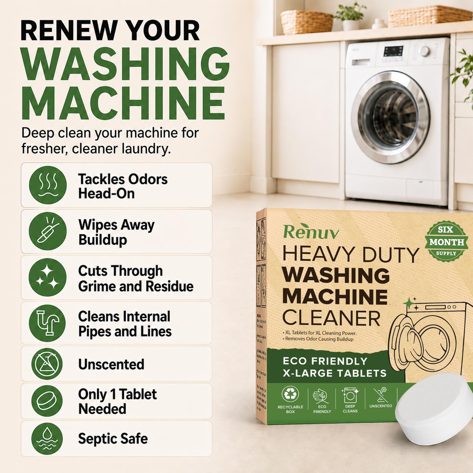 Renuv® Heavy Duty Washing Machine Cleaner & Descaler & Deodorizer Tablets