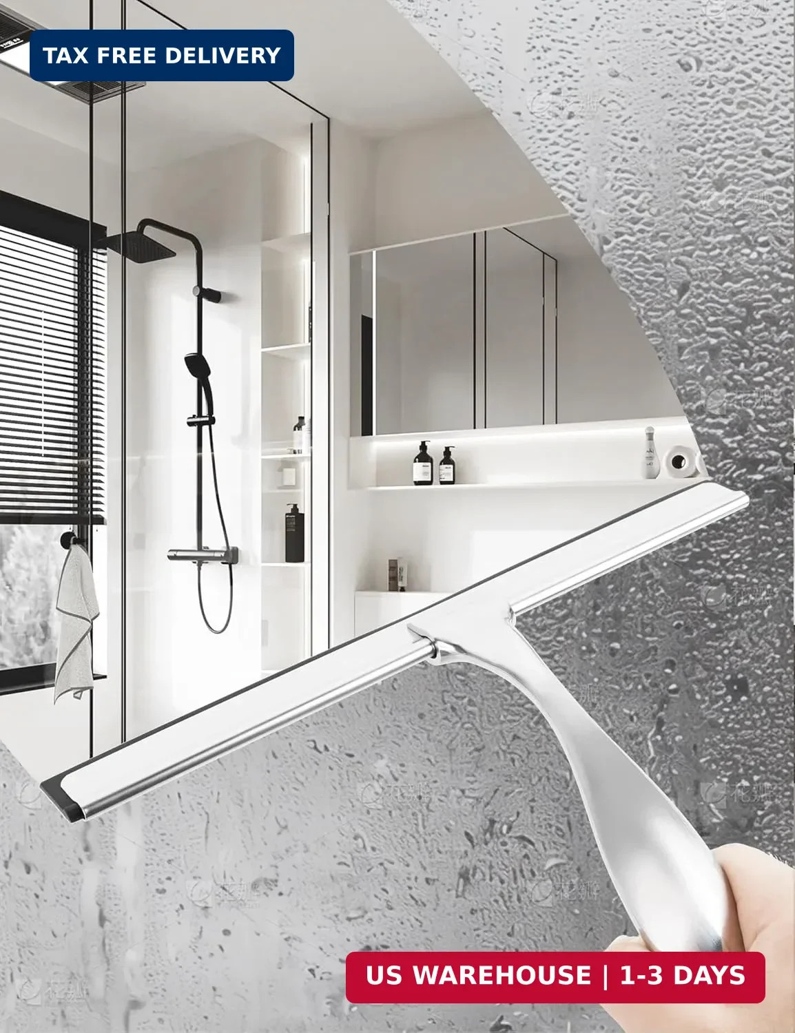 All-Purpose Stainless Steel Shower Squeegee Come with S Hook, 2 Square Sticky Ho