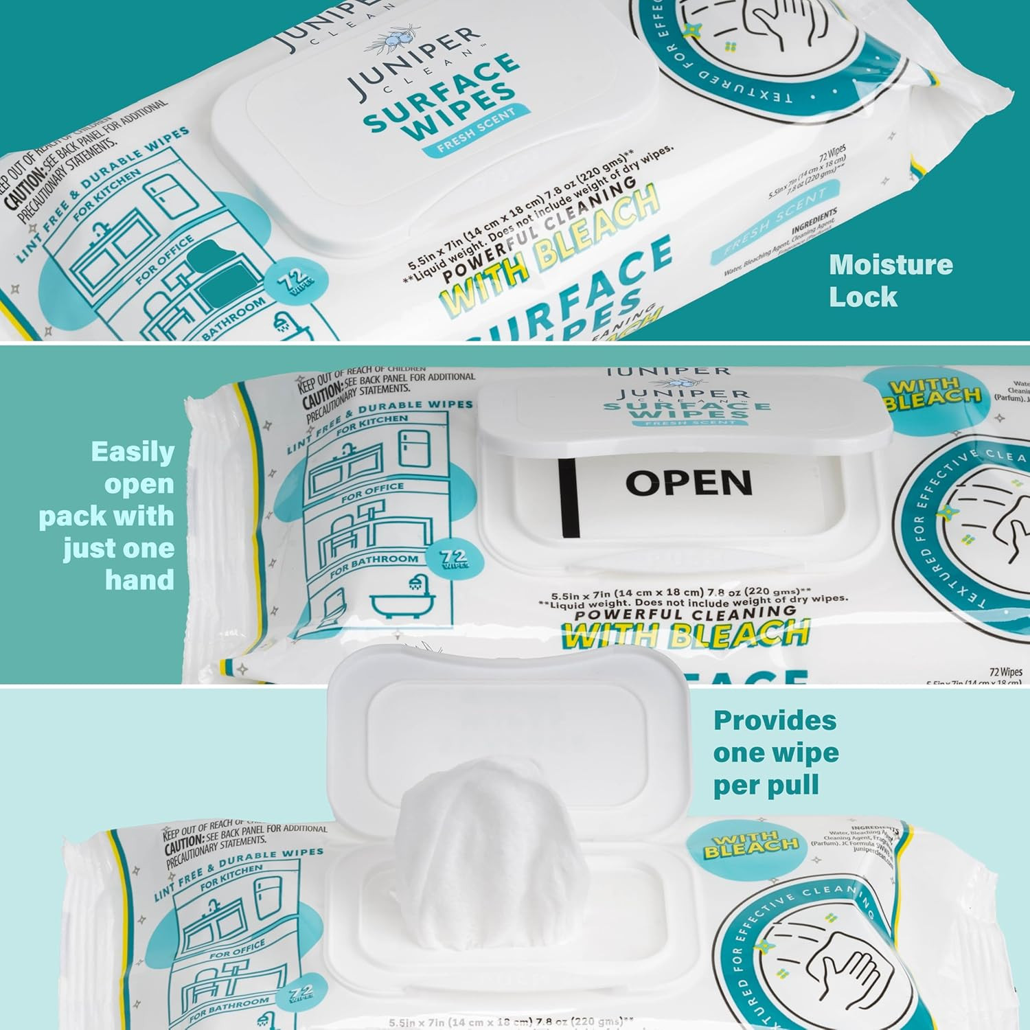 3 Pack Surface Cleaning Wipes with Bleach, All-Purpose Cleaner for Bathroom, Kit