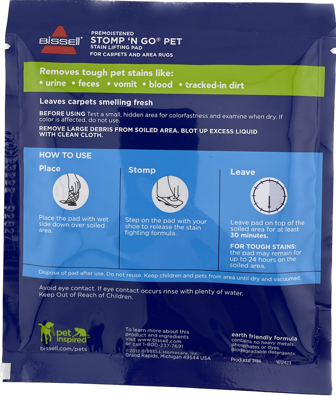 1-PACK Bissell Stomp ‘N Go Pet Lifting Pads + Oxy Stain Removal for Carpet Rugs