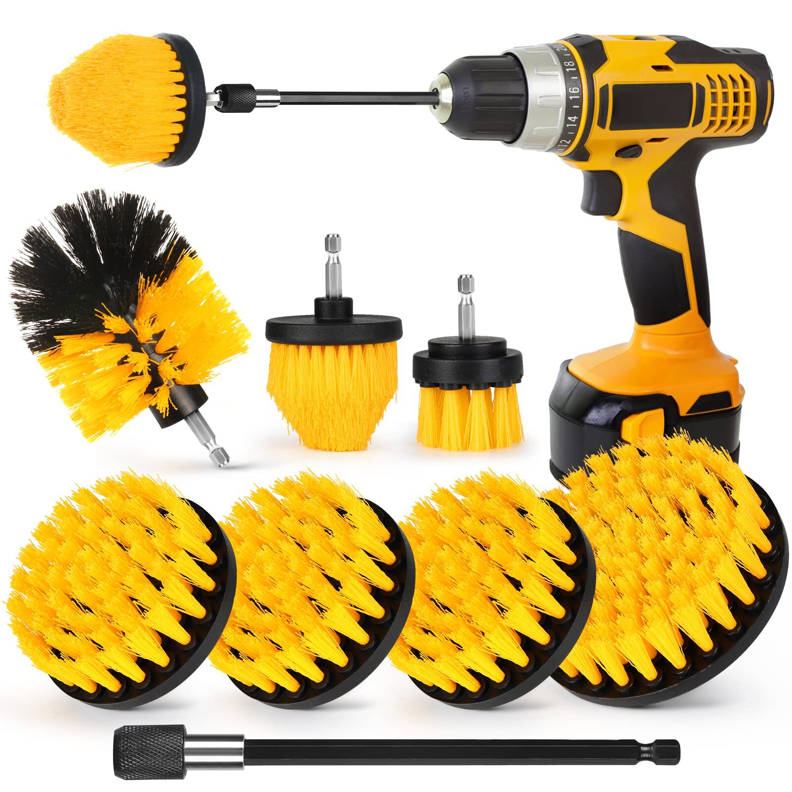 Drill Brush Attachment Set 7 Pack 1/4in Power Scrubber Brush + Extend Long Attac