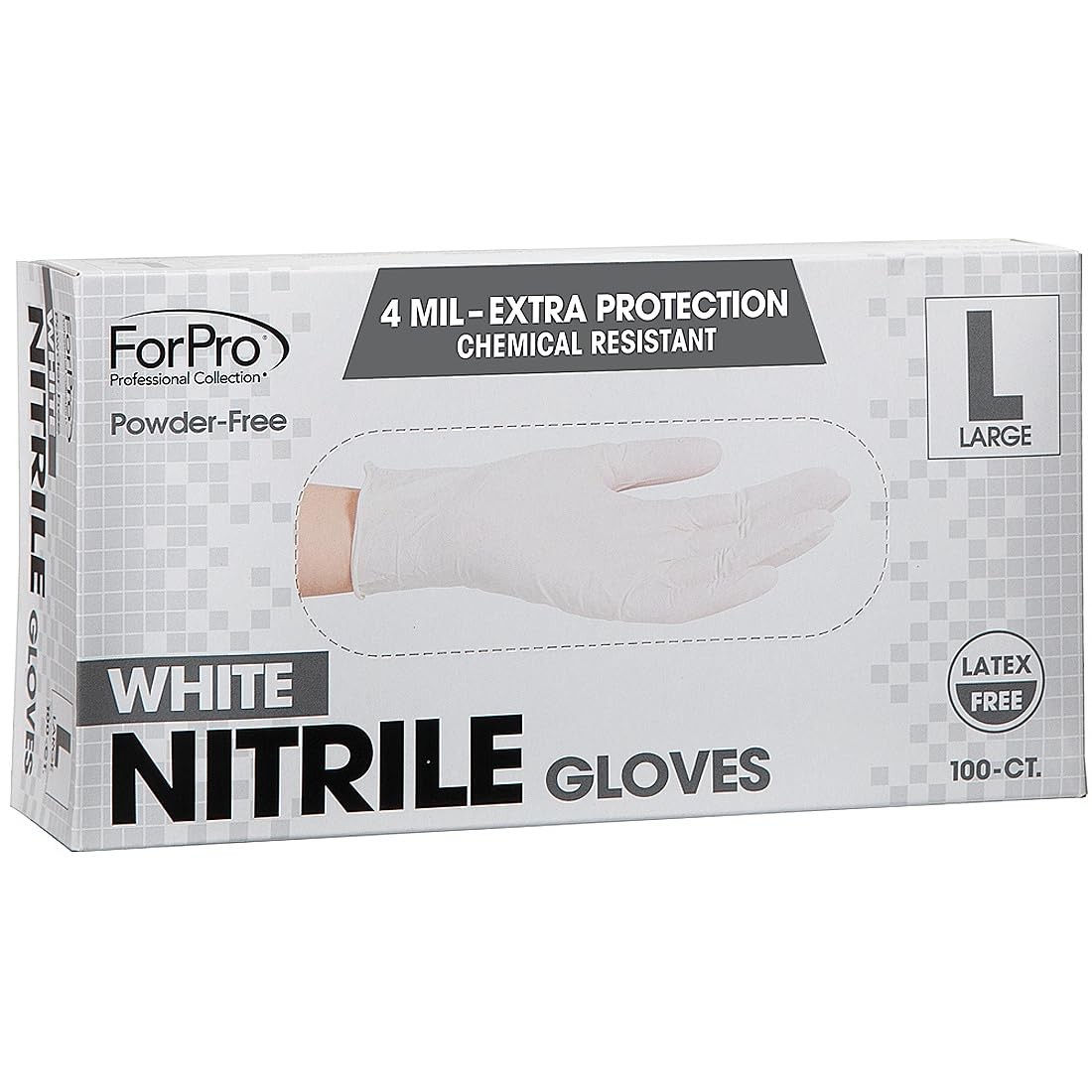 ForPro Disposable Nitrile Gloves, Chemical Large (Pack of 100), White