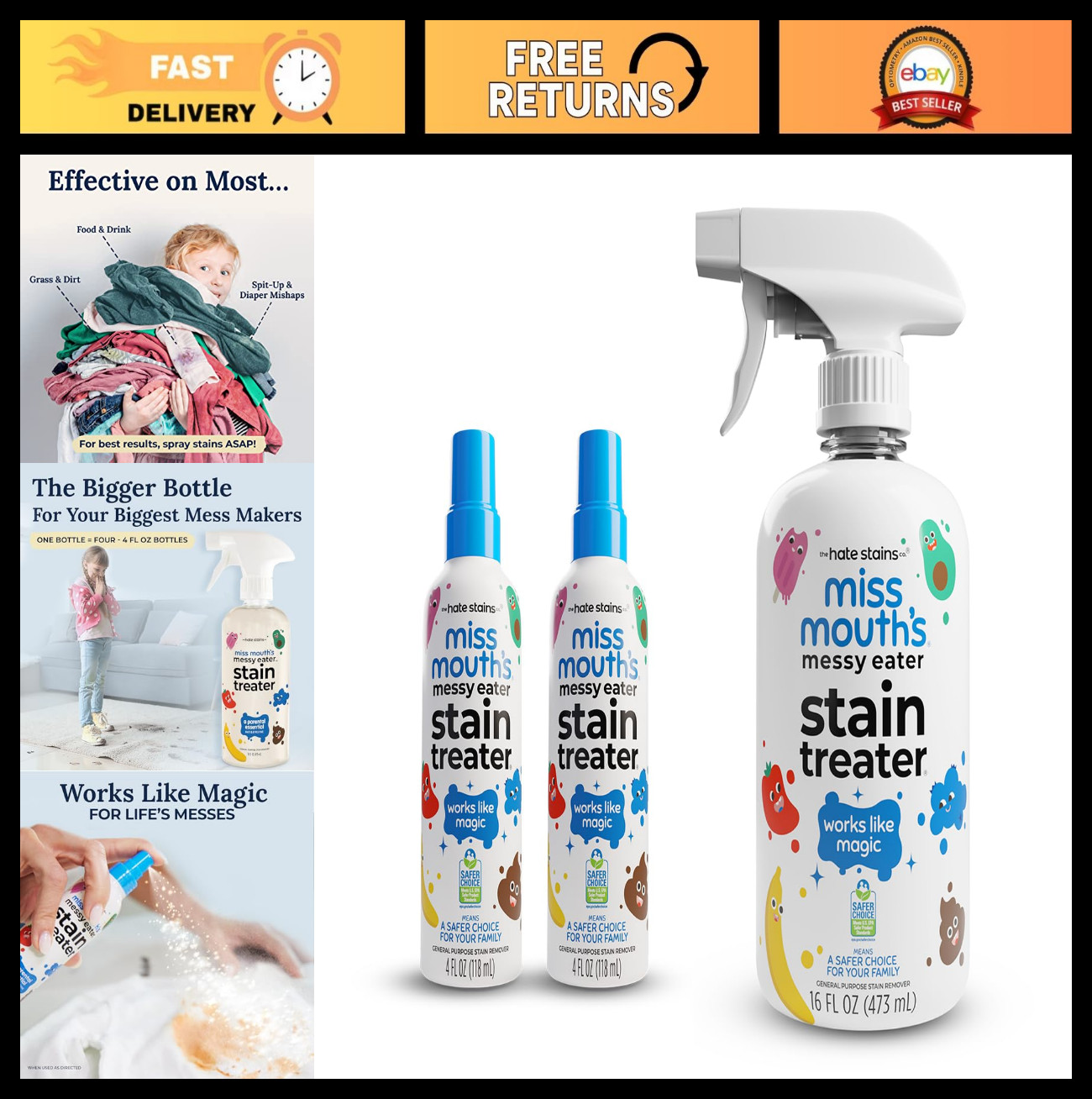 Messy Eater Stain Treater 4oz 2-Pack & 16oz Spray – Baby Stain Remover for Cloth