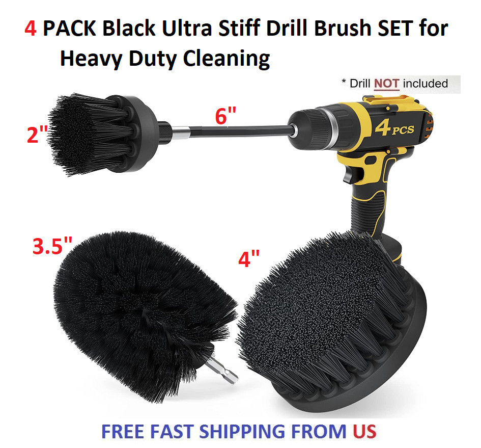4 PACK Black Ultra Stiff Drill Brush SET for Heavy Duty Cleaning
