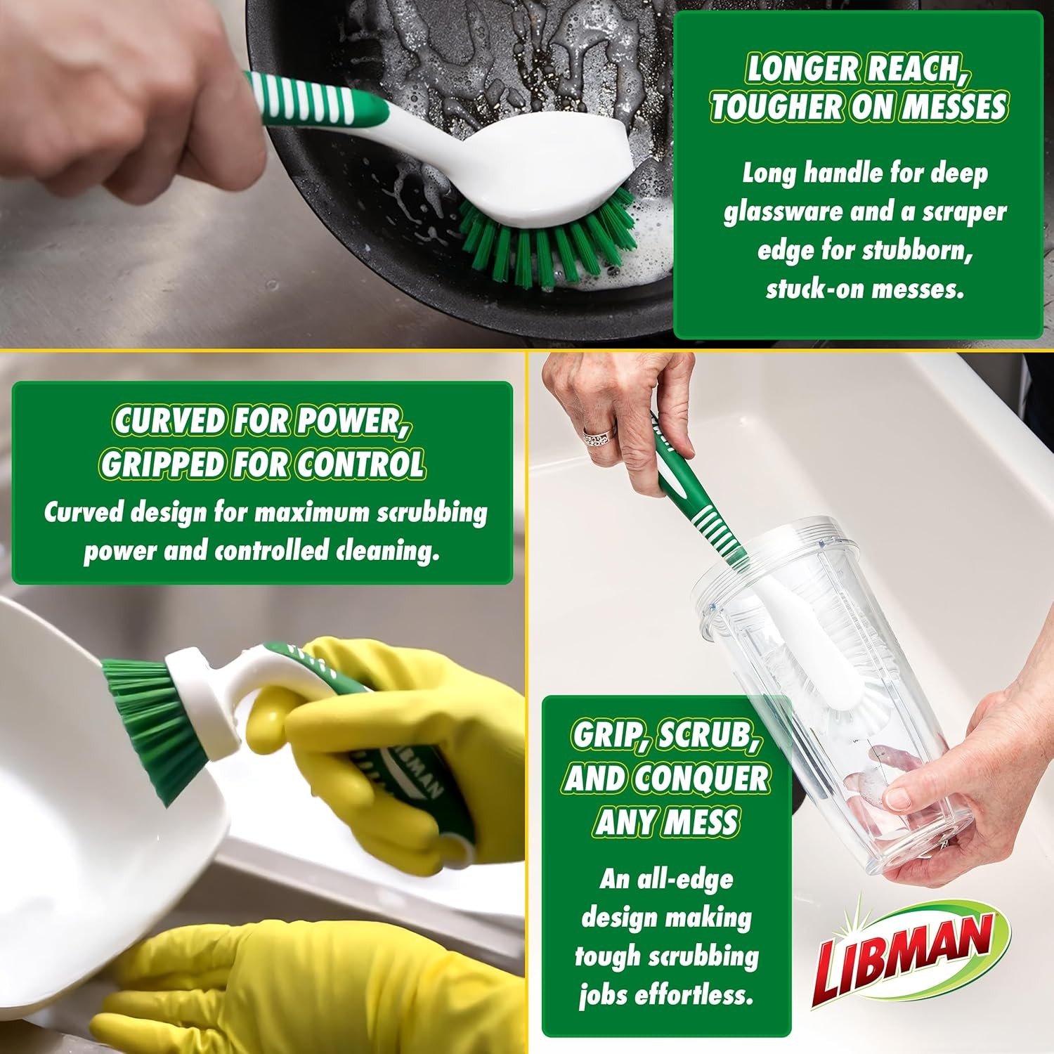 Libman Green & White Cleaning Brush Kit, 3-Piece Set, All-Purpose Brushes for