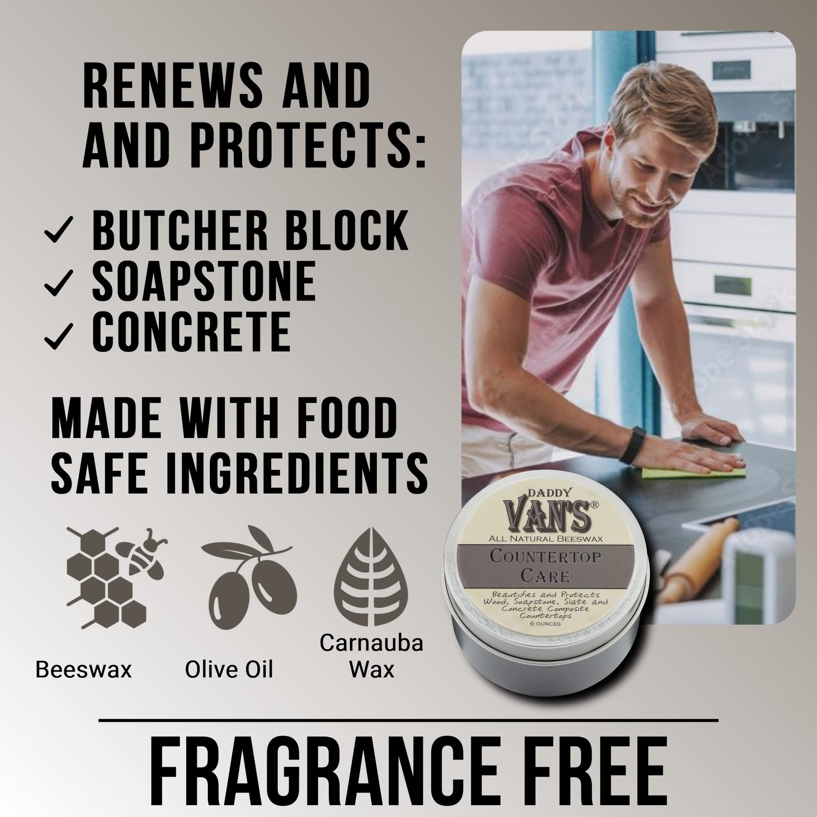 All Natural Beeswax Countertop Care for Soapstone, Slate, Concrete Composite a