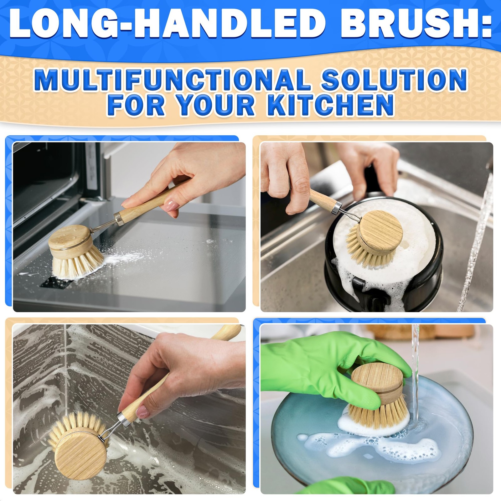 Bamboo Dish Brush Set Scrubber Soft Stiff Bristles 5PK Eco Friendly