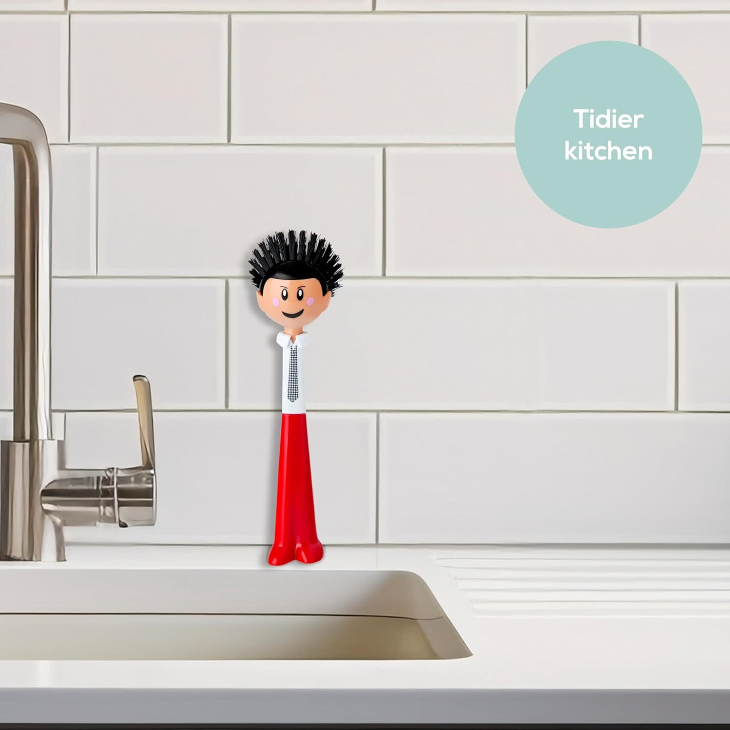 Ergonomic Kitchen Dish Brush with Handle and Stand, Red & Black Scrub Brush