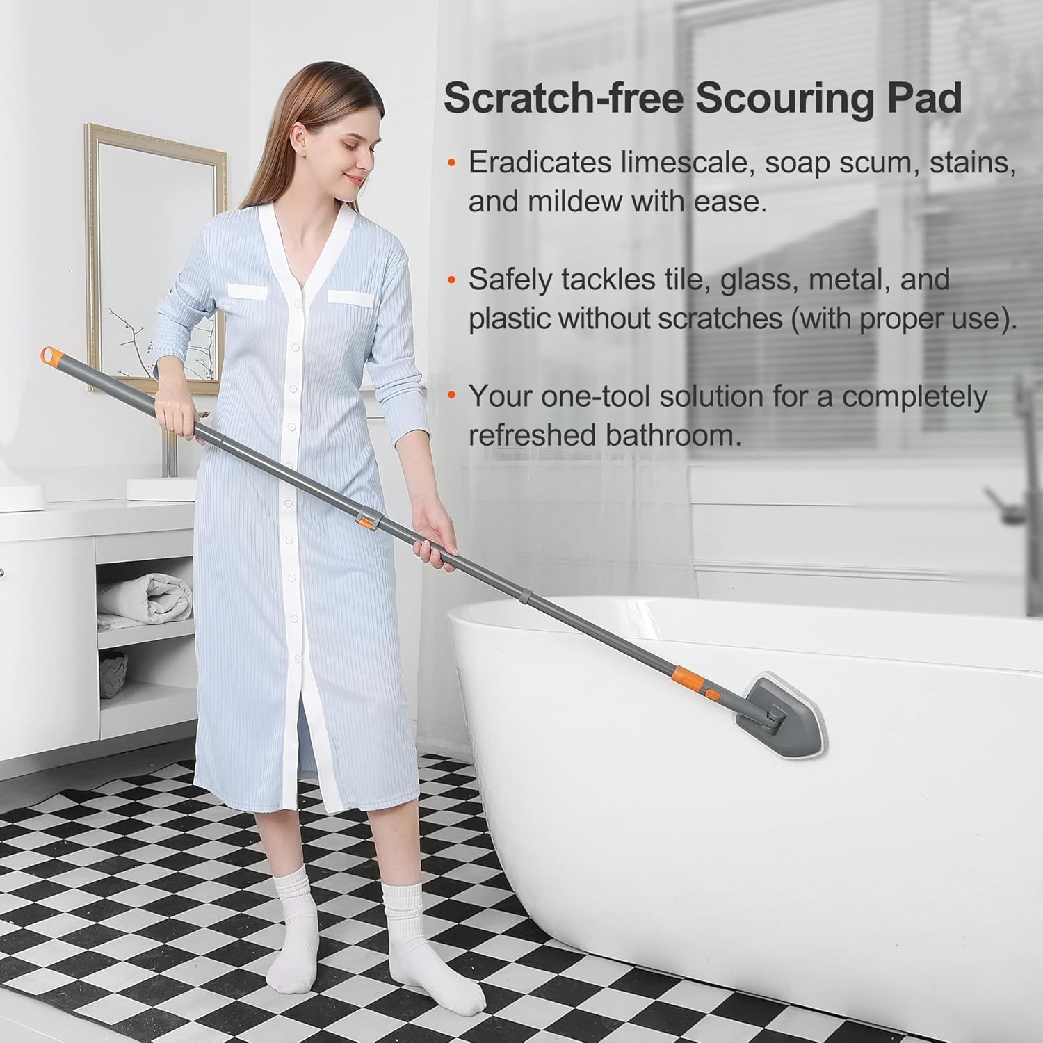 Tile Tub Scrubber Brush with 3 Different Function Cleaning Heads and 56″ Exte…