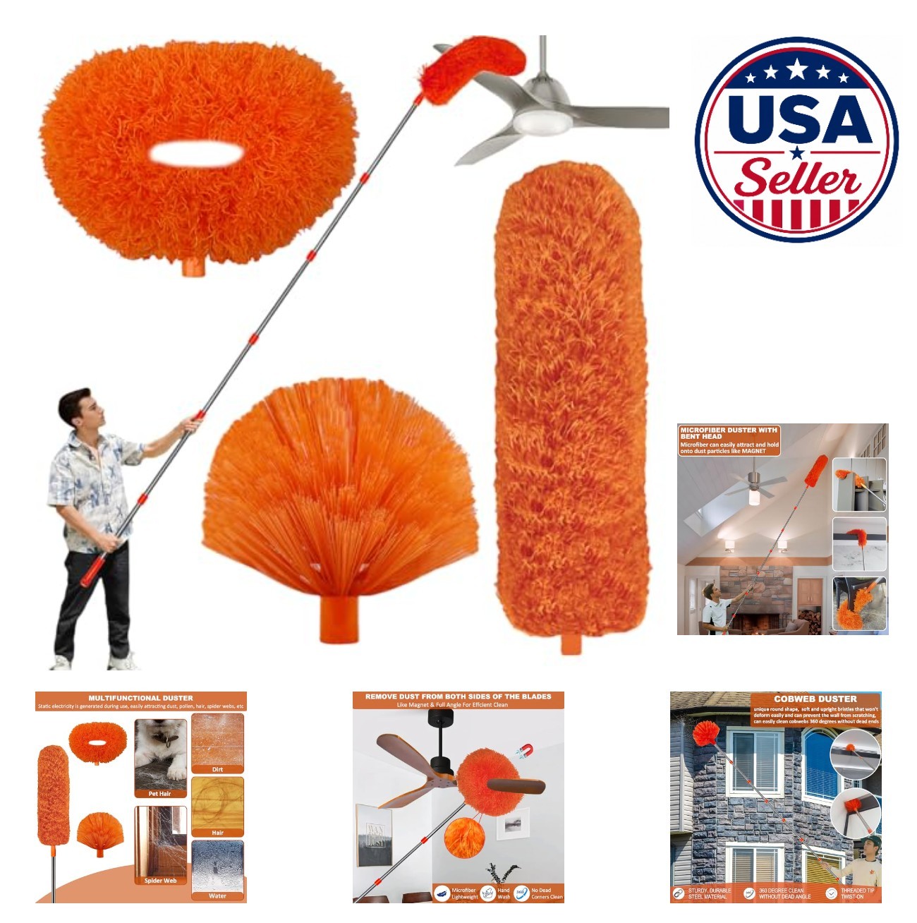 20 Ft High Reach Cleaning Tool Kit Microfiber Ceiling Fan Duster Cobweb with