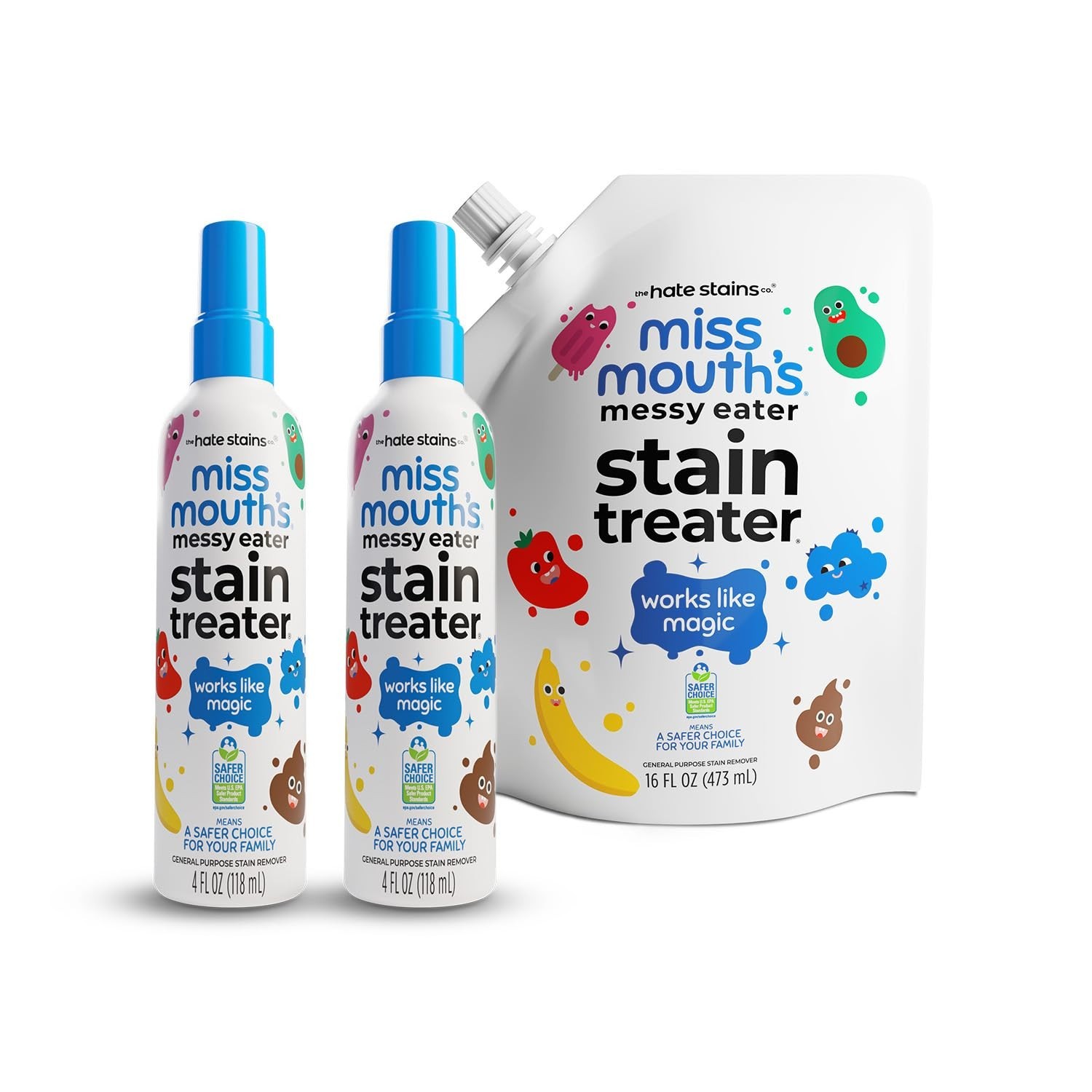 Messy Eater Stain Remover 2-Pack Spray & 16oz Refill – Baby Clothes, Carpet Clea