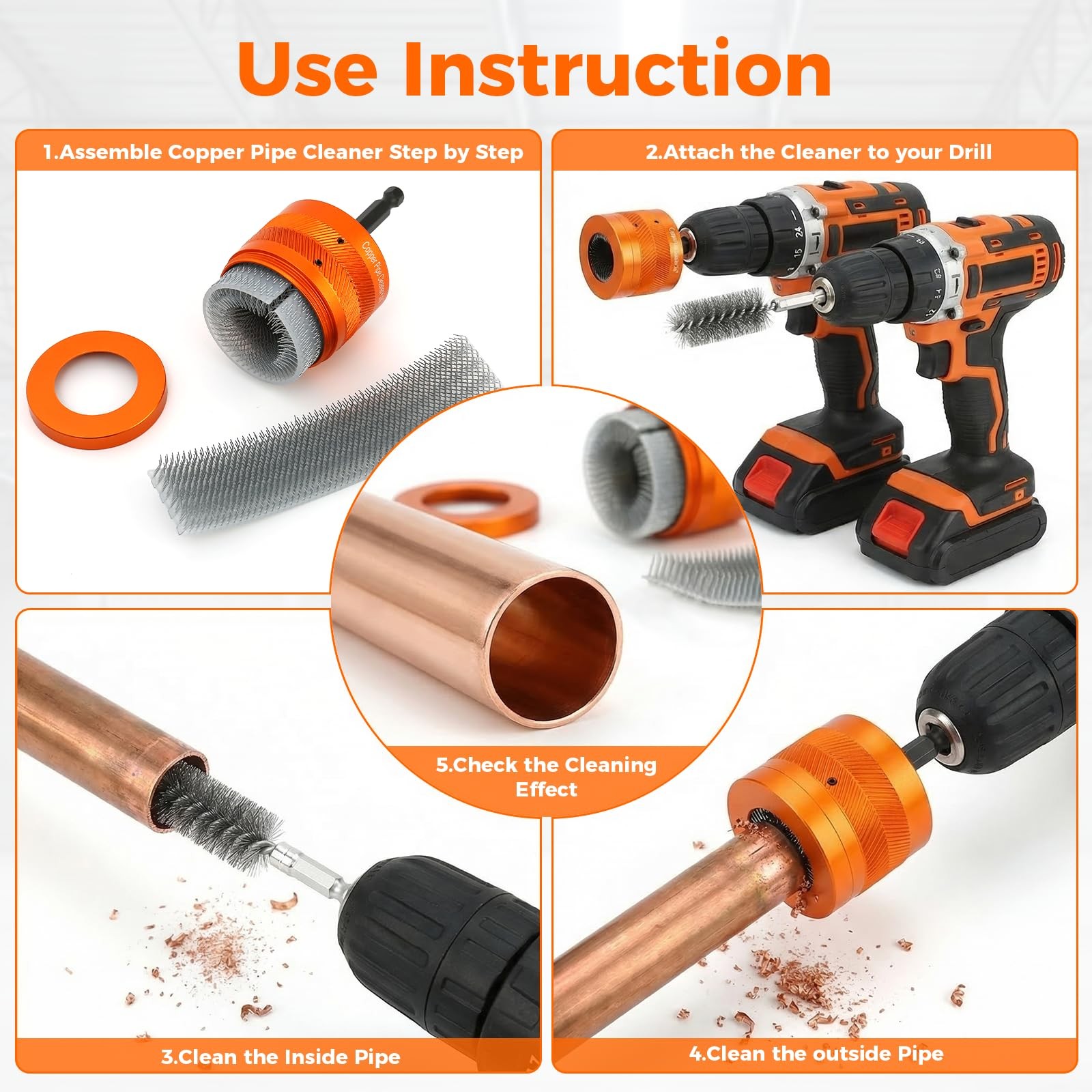 Copper Pipe Cleaner Set for Drill Fit 1/2″ & 3/4″ & 1″ Metal Pipes with 1/4″ …
