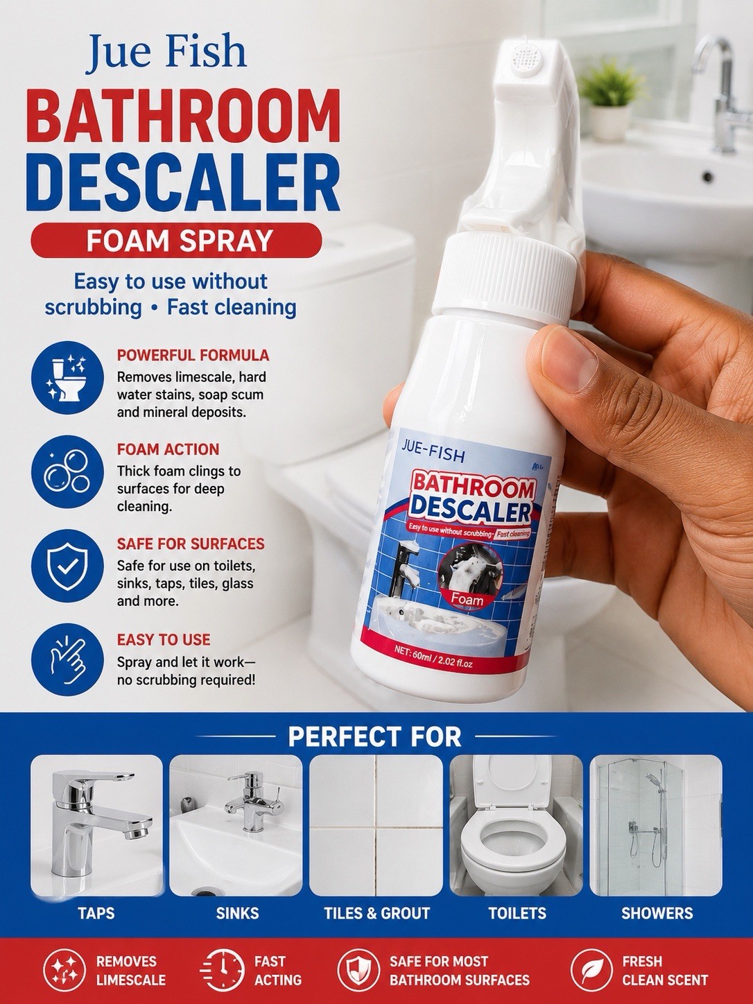Jue Fish Bathroom Descaler Foam Spray 60 ml Fresh Clean Fast Acting Easy Use
