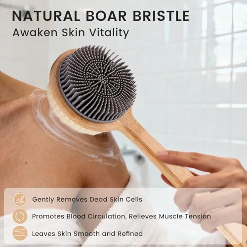 Double-Sided Silicone Back Scrubber – Long Bamboo Handle, Deep Clean & Exfoliate