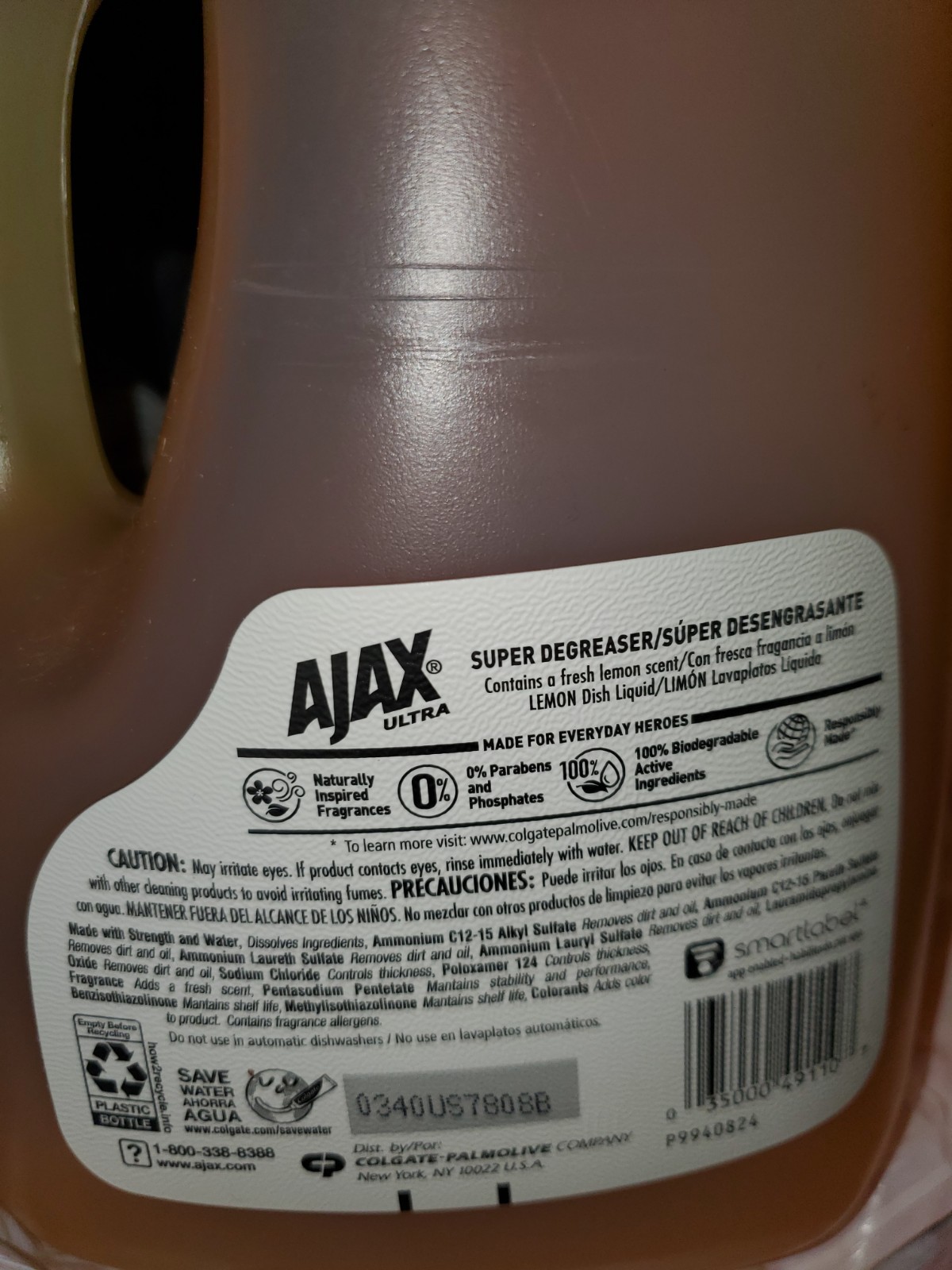 AJAX LEMON ULTRA with 100% SUPER DEGREASER DISH LIQUID 90 FL OZ (2.81 QT) 2.66L