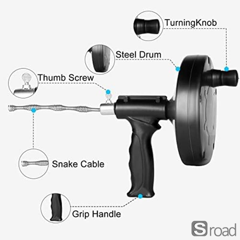 Heavy Duty Drain Auger Snake 25FT Plumbing Tool For Sink & Toilet Clogs