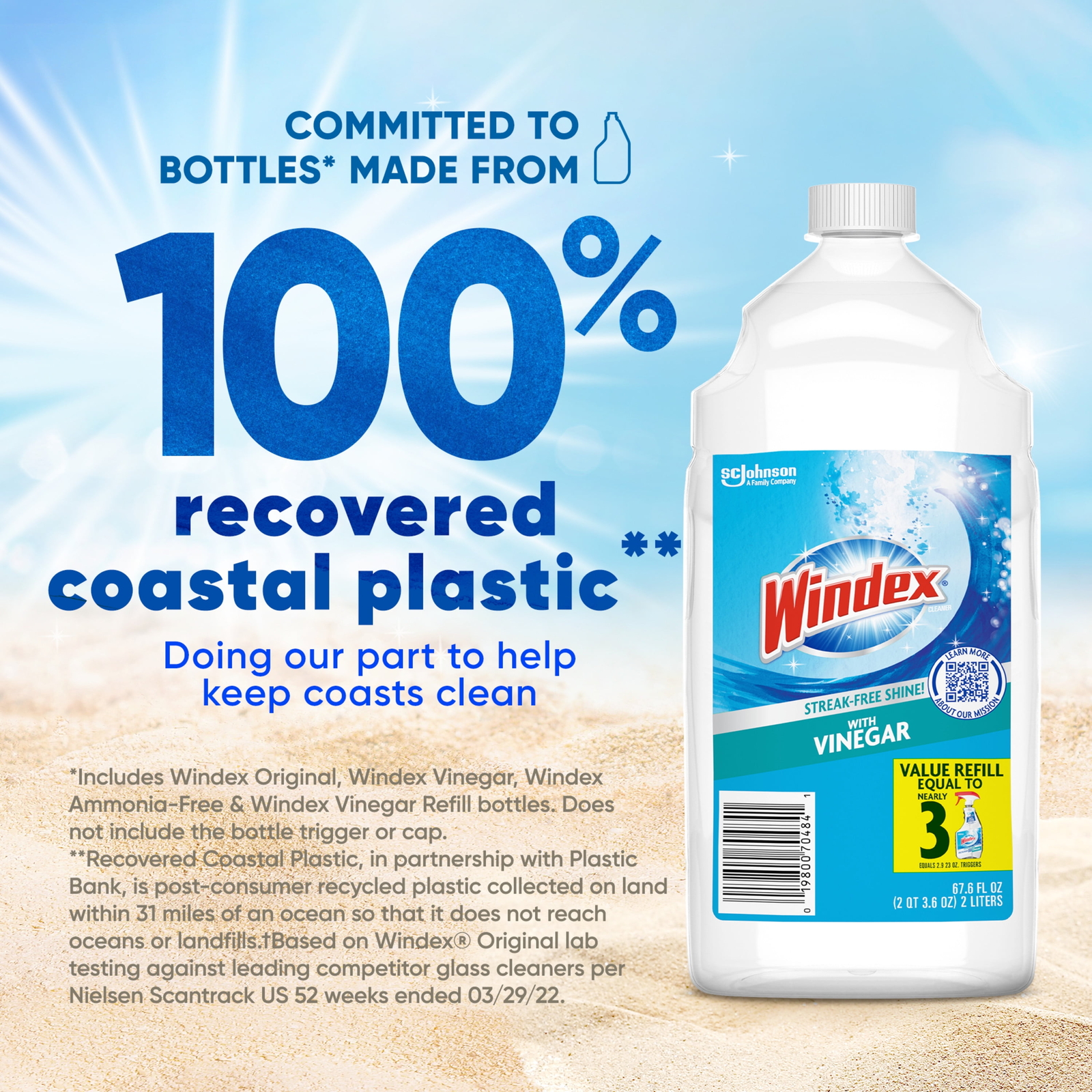 Windex with Vinegar Glass Window Cleaner, New Refill Bottle, 2 L
