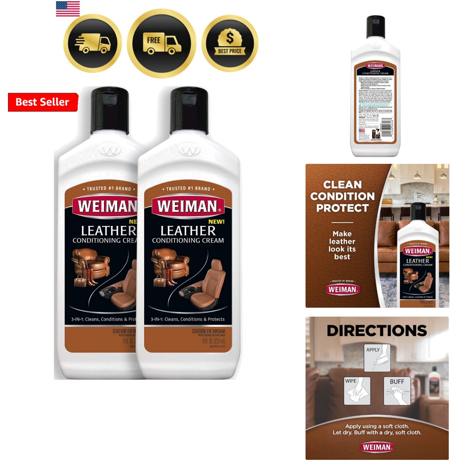 3 in 1 Deep Leather Conditioner Cream 2 Pack – Restores Leather Surfaces – Us…