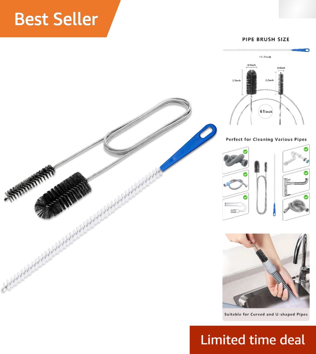 Dual-Sided Drain Unblocker Brush Set for Kitchen and Bathroom – 61” & 17.7”