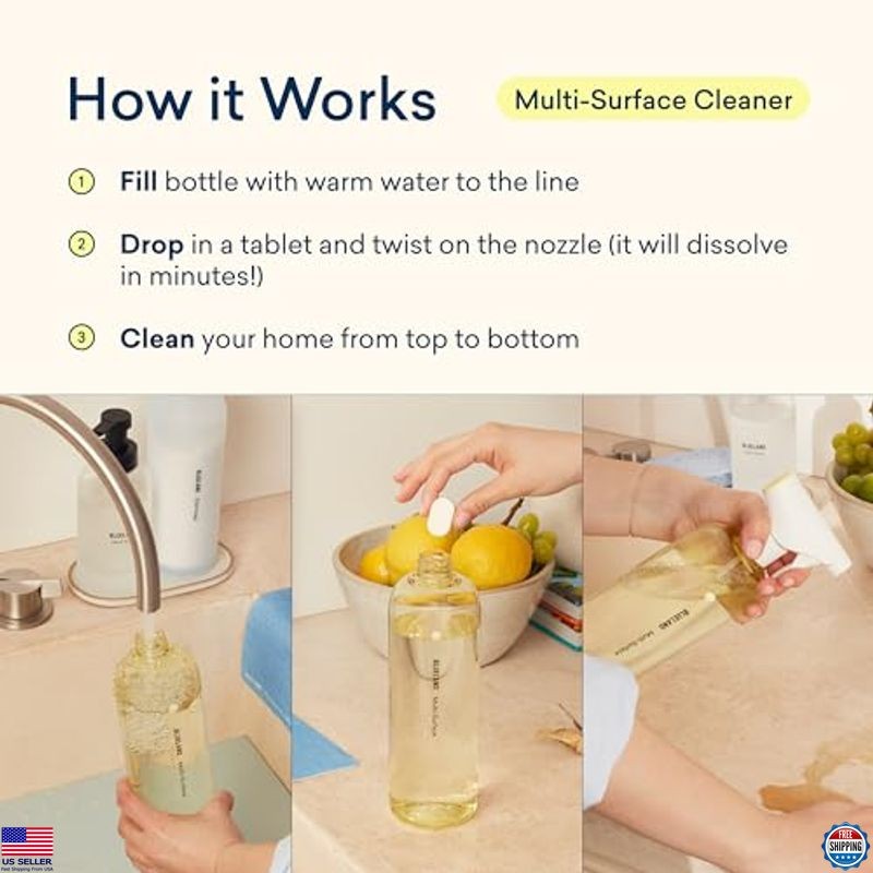 Eco-Friendly Multi-Surface Cleaner Set, Fresh Lemon, 4 Refill Tablets, 24 Fl Oz