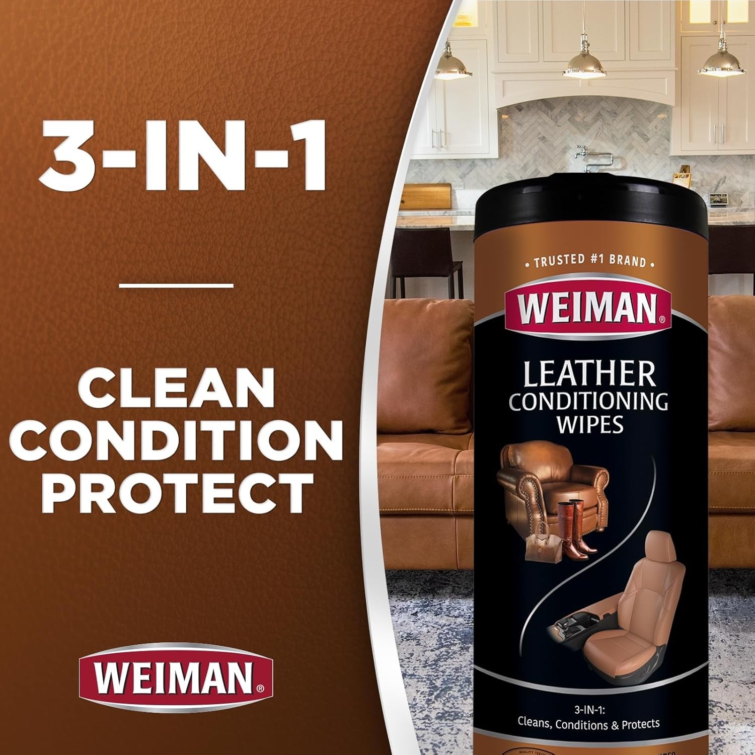 Luxurious Leather Cleaner & Conditioner Wipes – Enhances, Protects, 2 Pack of 60