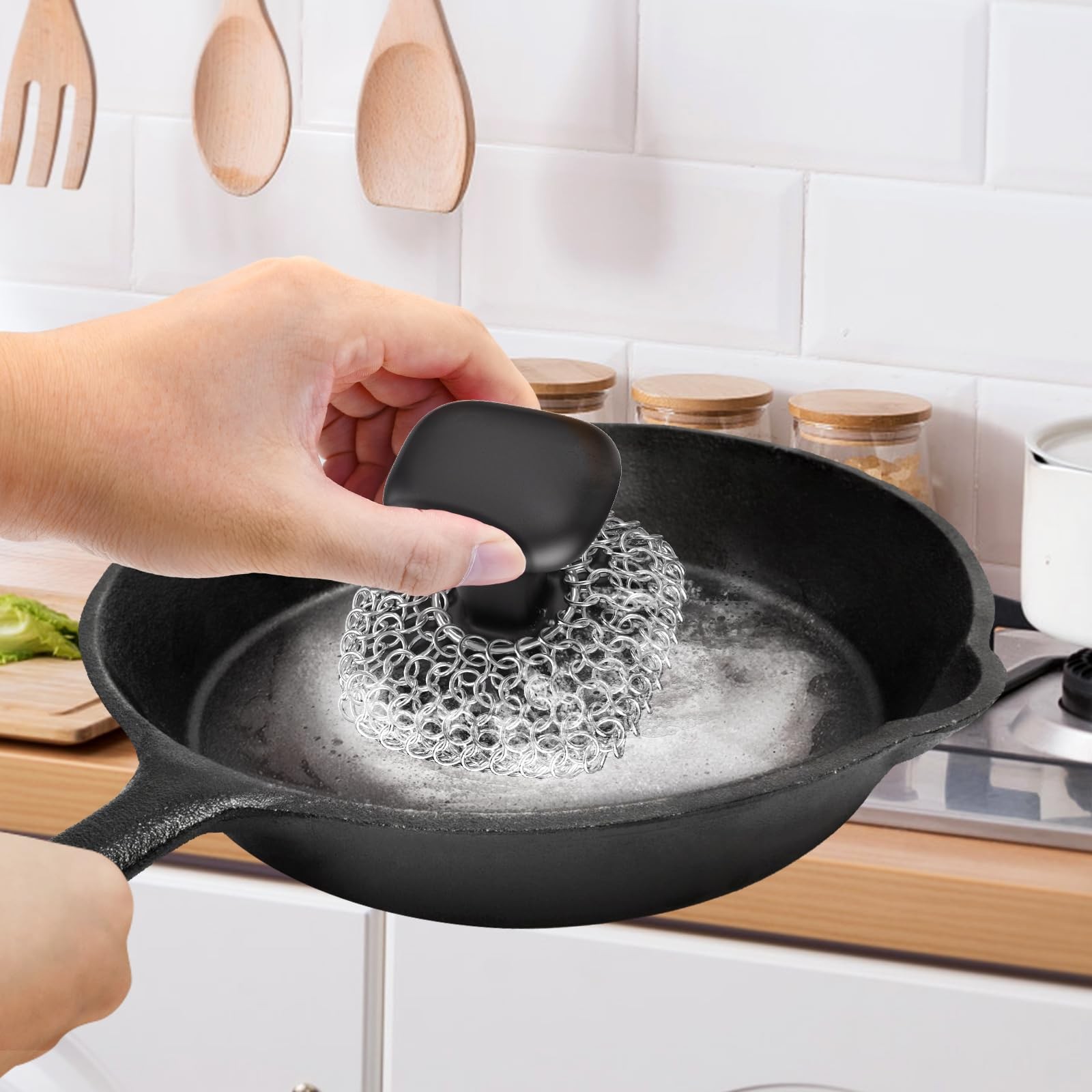 Cast Iron Scrubber | Dish Scrub Brush | 316 Cast Iron Cleaner Chainmail Scrubber
