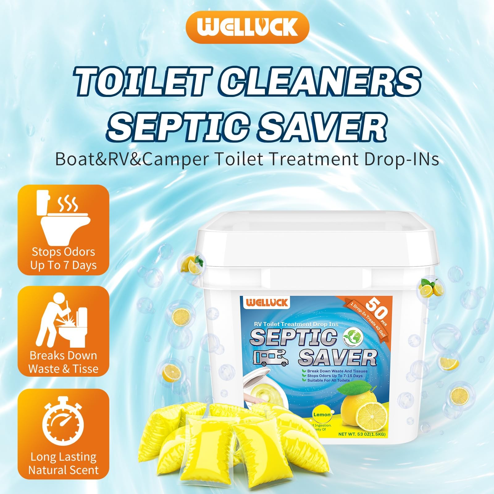 WELLUCK RV Toilet Treatment Drop-Ins, 50 Pack – 50 Week Supply Black Tank Deo…